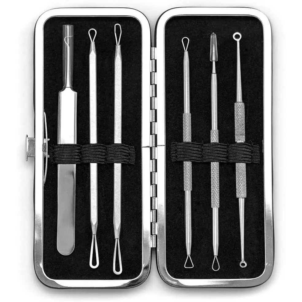 6-Piece Professional Acne-Prone Skin Pimple Popper & Blackhead Remover Kit - Facial Skincare Tool Set for Blemish Clearing, with Travel Case, Gift Box, Six Pieces