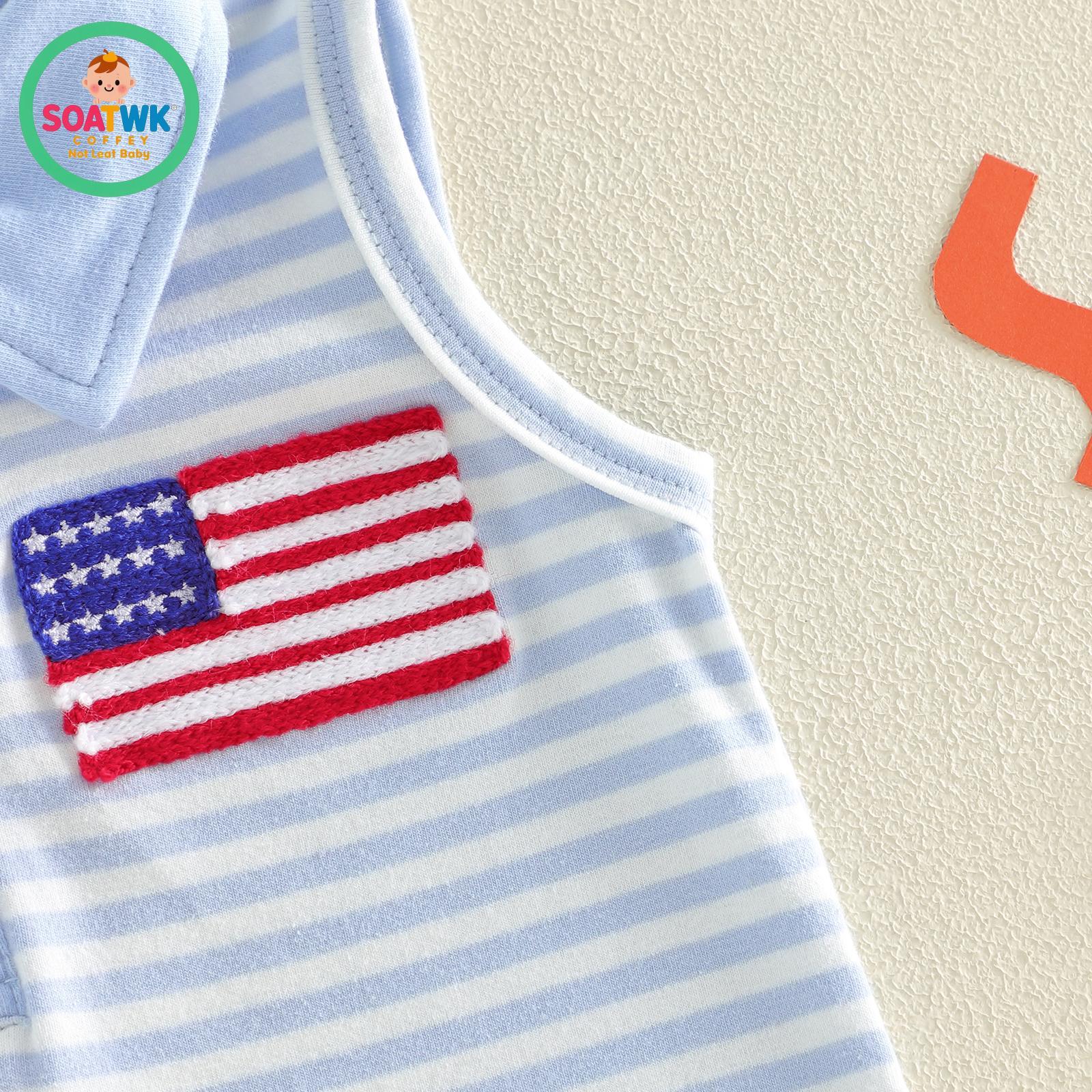 Toddler Baby Girls Patriotic Dress Fashionable 4th of July Letters Embroidery Sleeveless Collared Striped Dress
