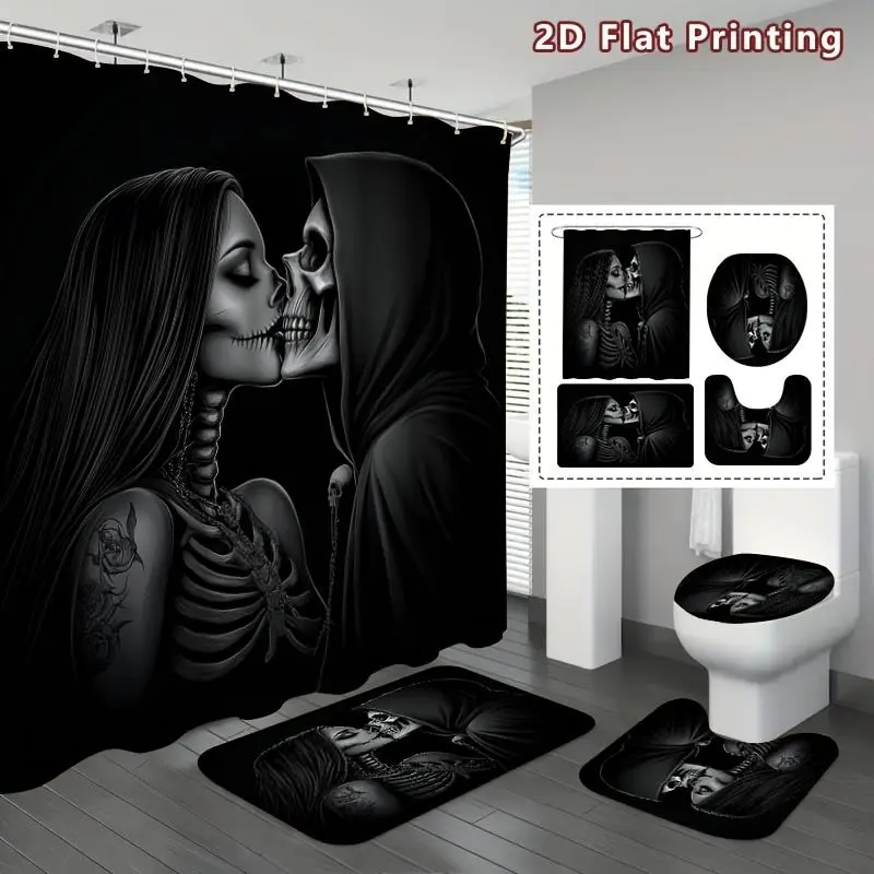 Gothic Romance Polyester 2D Flat Skeleton Kiss Floral Print Shower Curtain Set (1/4pcs), Monochrome Embrace Bathroom Decor with Bath Mat, U-shaped Mat, Toilet Lid Cover, 12 Hooks, 70.87x70.87in Curtain, Animals, Bag