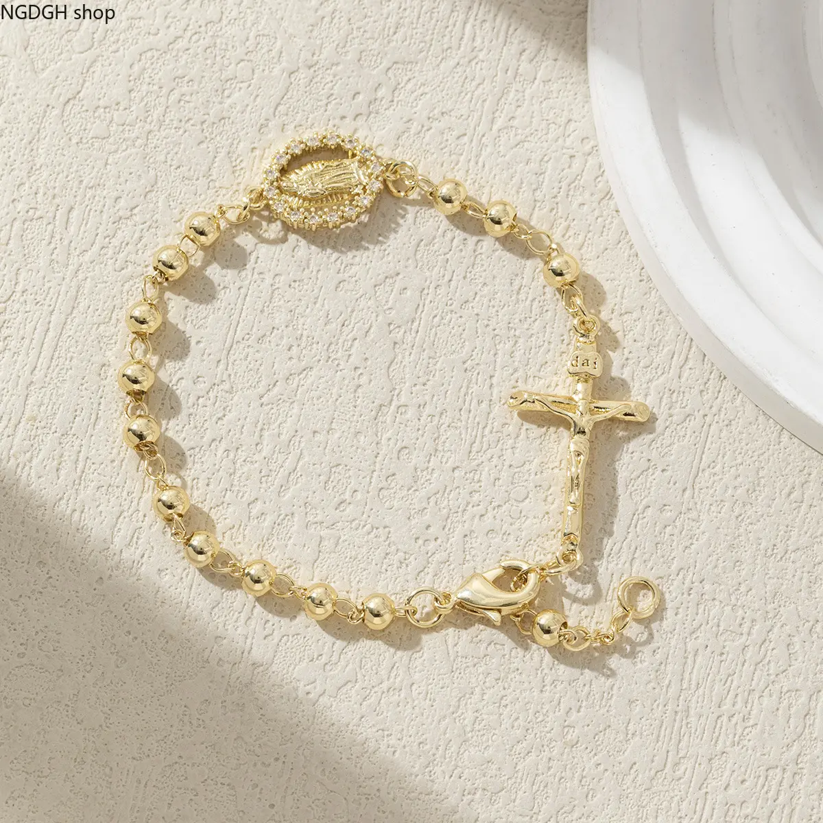 Women's Gold Beaded Virgin Mary Rosary Bracelet with Crucifix - Spiritual Faith Jewelry, Female Stylish Daily Catholic Accessory for Layering with Necklaces, E-commerce Sports & Outdoor Compatible Bracelets, Accessories For Women, Beading Detail, Crucifix
