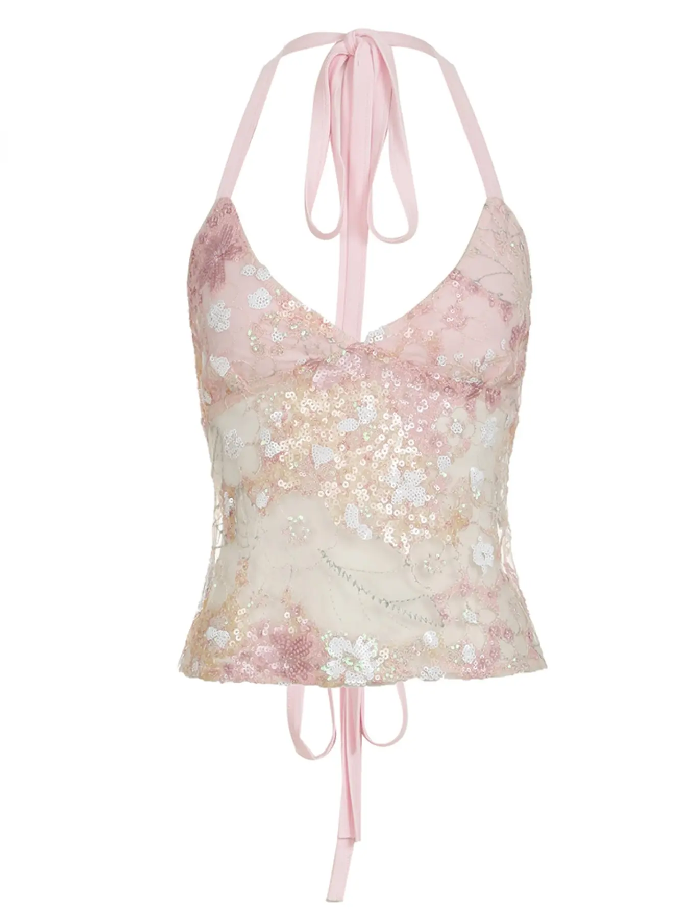 Summer Y2K Sequins Glittering Camisole, Sexy Vintage Floral Backless Lace-up Crop Halter Vests for Women, Party Fashion Streetwear Cute Clothings