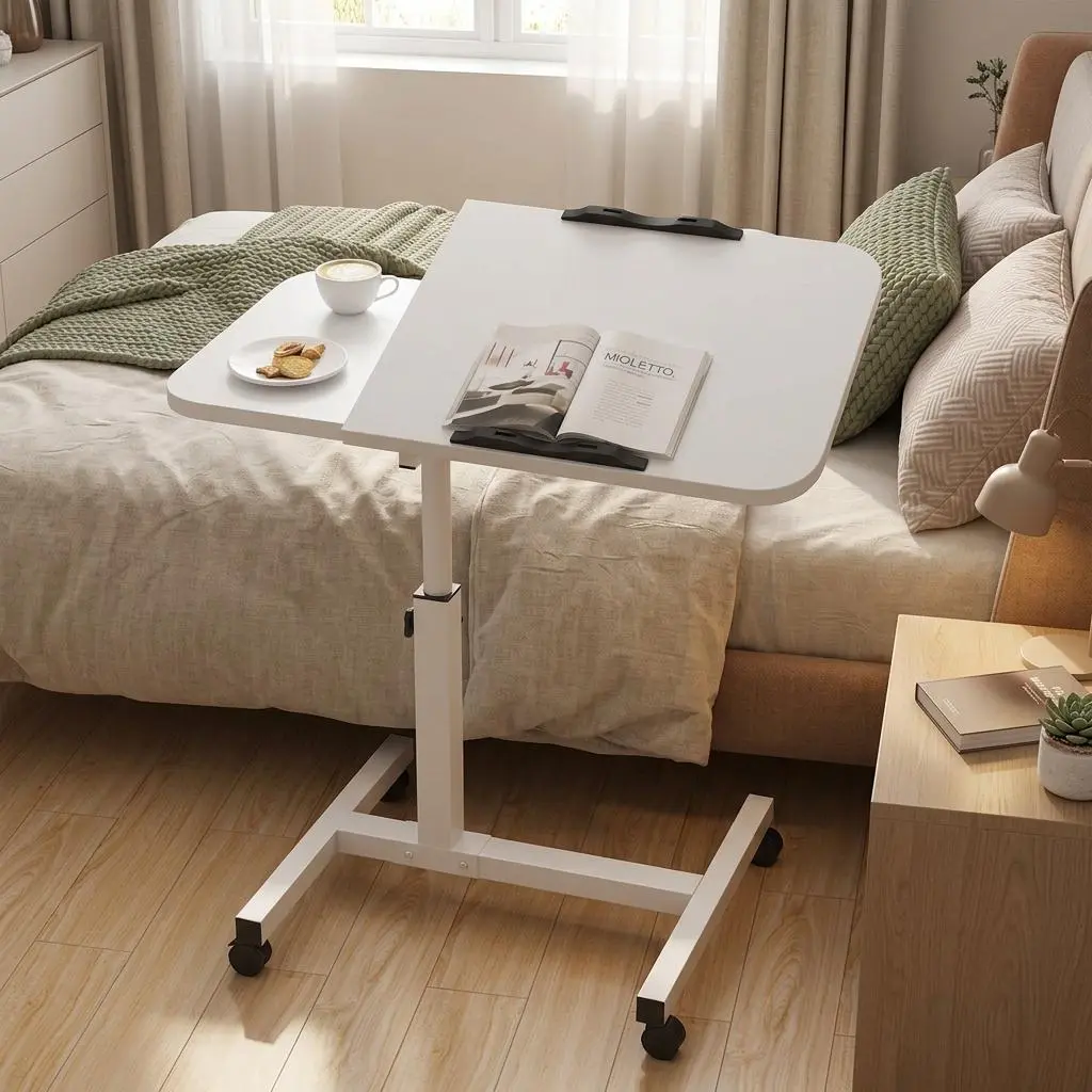 Overbed Bedside Table Adjustable with Wheels, Mobile Standing Stand Up Rolling Laptop PC Desks with Tilting Top Height Tray Side Computer Workstation