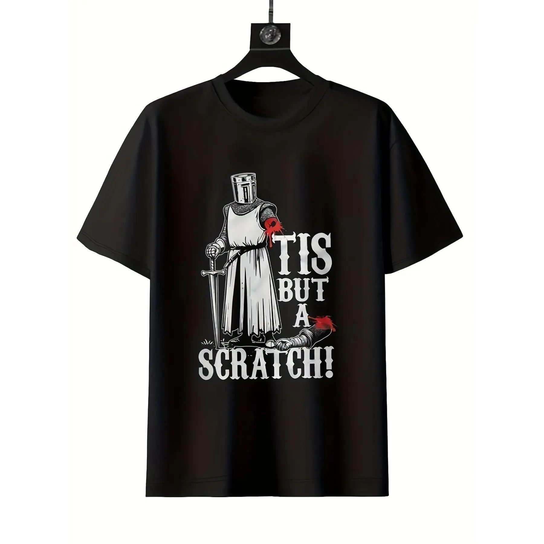 Men'S Medieval Knight T-Shirt with a Humorous 'It'S a Scratch' Design Inspired by Monty Python, Made from 200Gsm Heavyweight Fabric.This Black Crew Neck Shirt Is Perfect for Renaissance Fairs, Costume Parties, Casual Outings, Beach Activities