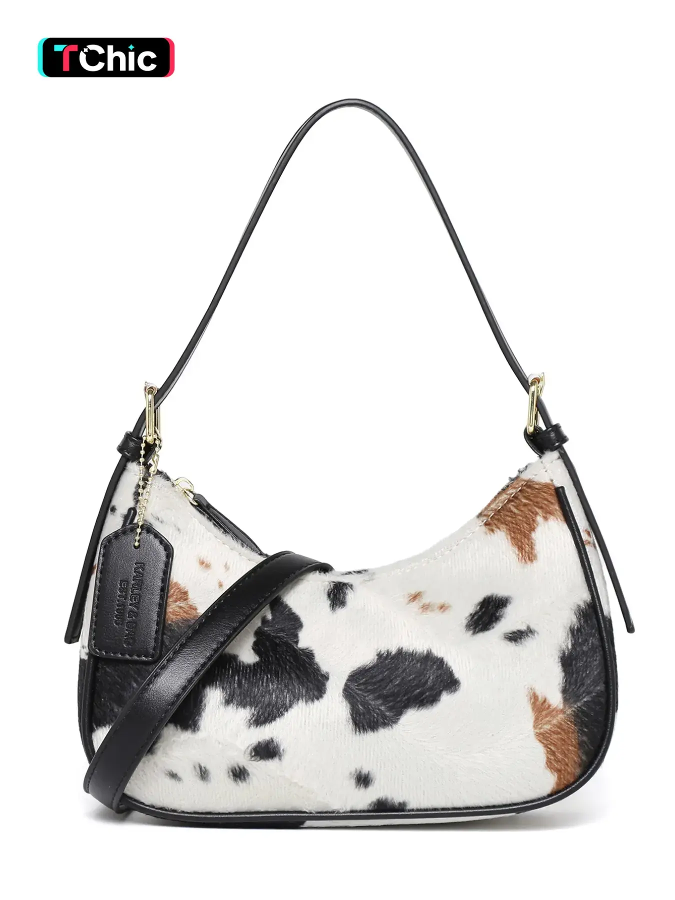 American Retro Cow Print Plush Crossbody Bag, Dual Straps, Versatile Street Style, Casual PU Material, Perfect for Commute and Fashion, Casual Commuter Bag, Crossbody Shoulder Handbag, Fashionable Crossbody Bag, Fashion Crossbody Bags