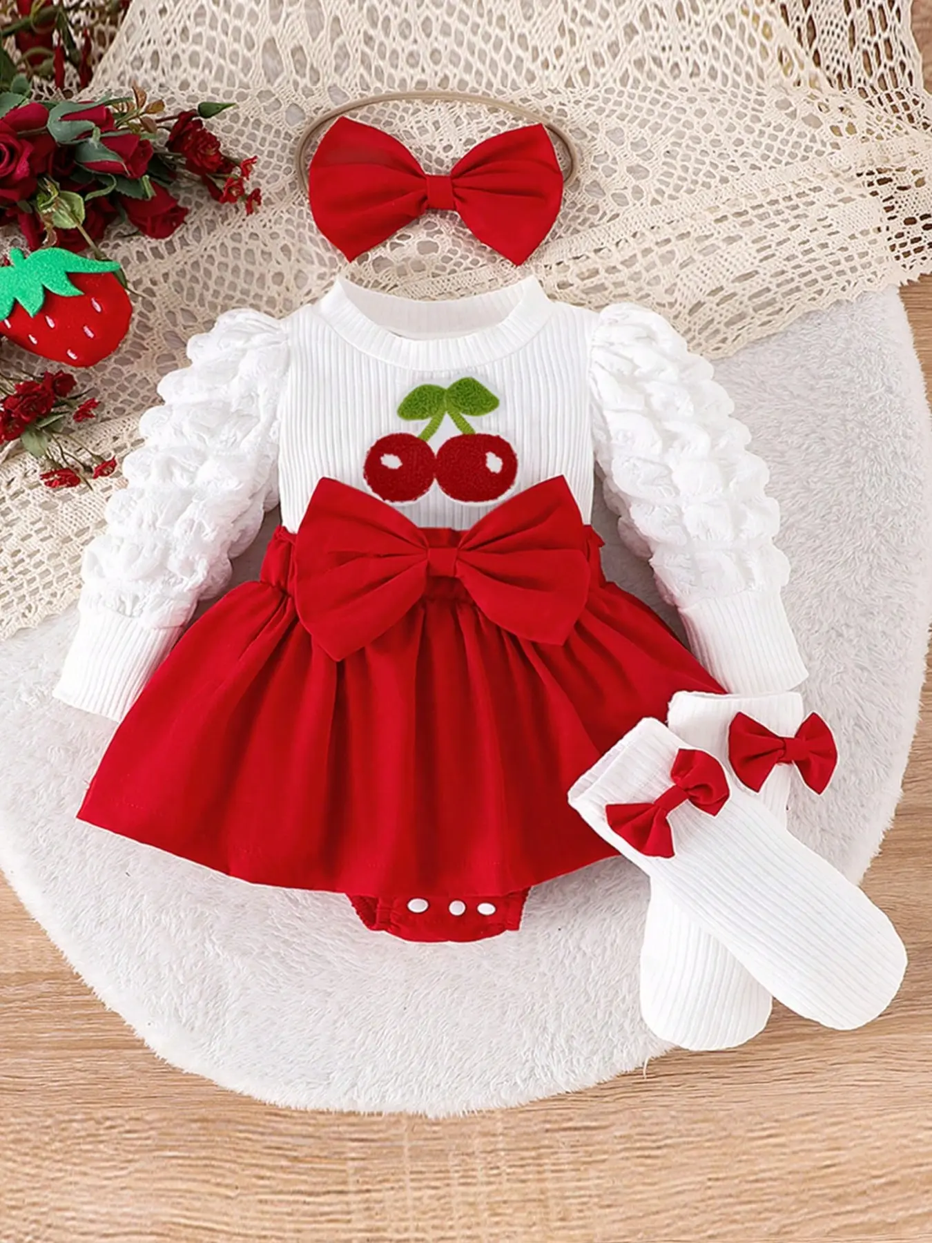 Girls' Strawberry Embroidery Bow Jumpsuit, Long Sleeve Slim Fit, High Waist, Cute Spring & Fall, Includes Hairband and Bow Socks