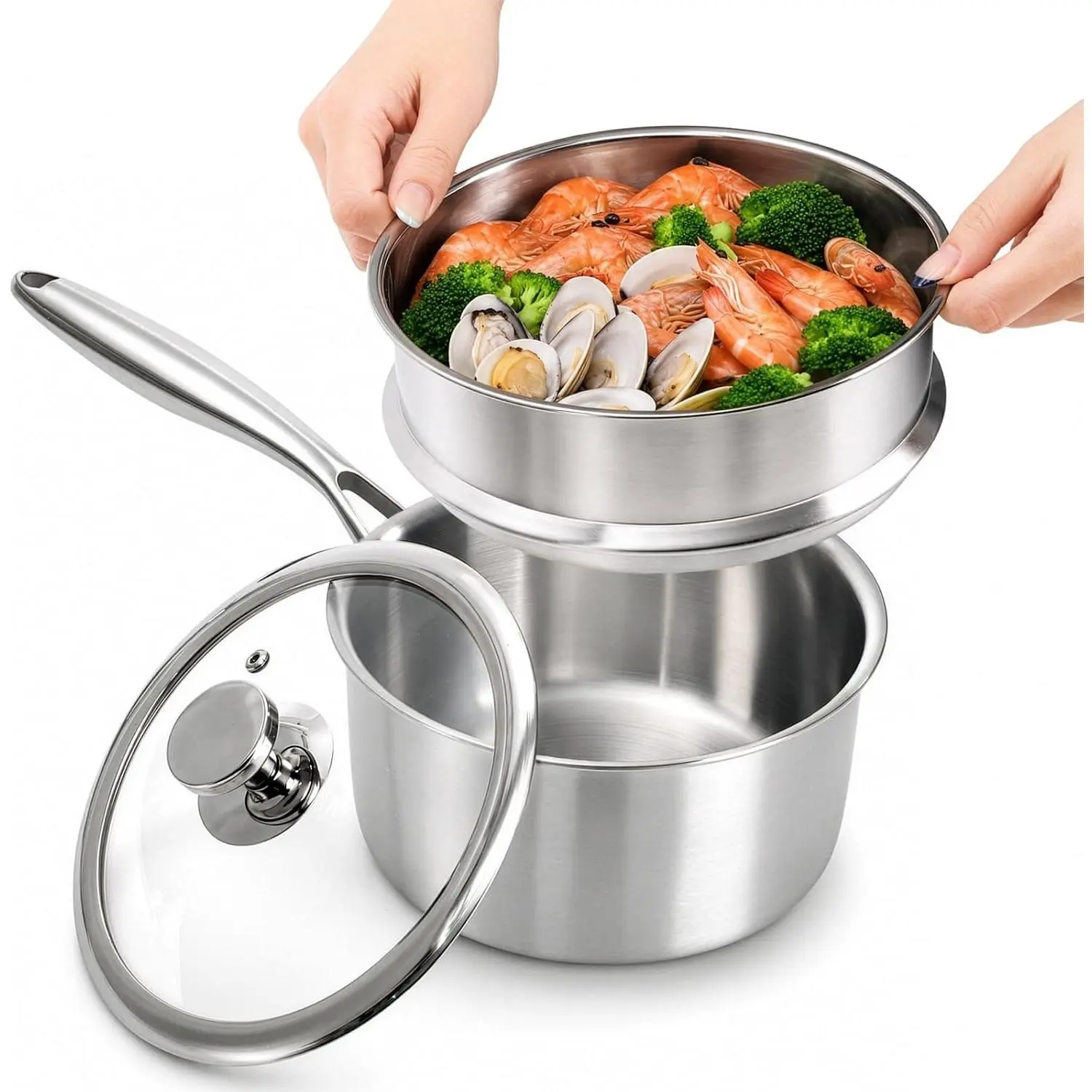 Peohud 2.5 Qt 316 Stainless Steel Saucepan with Steamer Basket & Lid, Heavy Duty Multipurpose Small Steamer Pot, Induction Compatible for Cooking, Steaming Vegetables, Pasta, Oatmeal