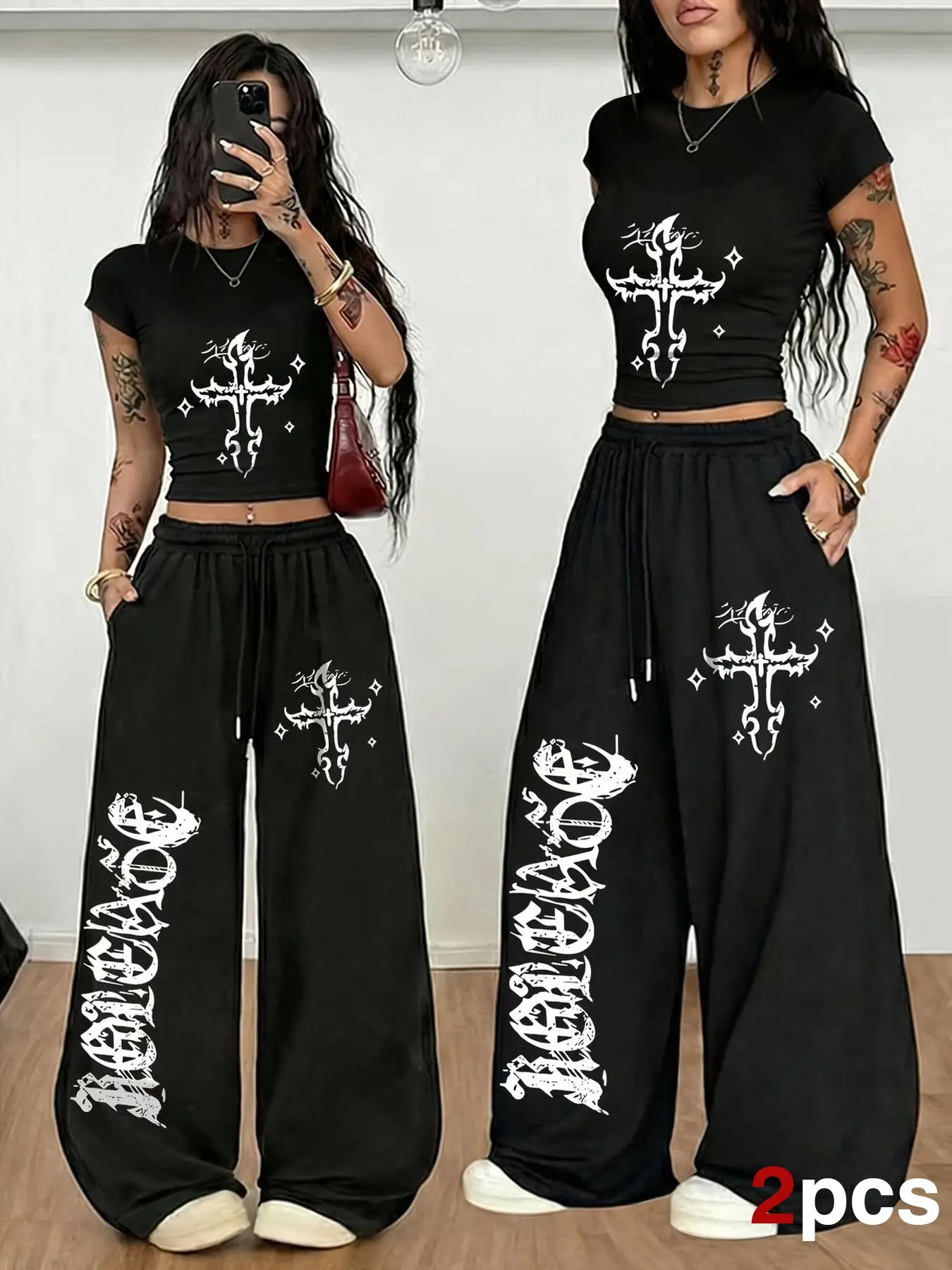 2‑Pcs Women Gothic Matching Two‑Piece Outfit Set, Cross Graphic Cropped Short Sleeve Tee & Elastic Waist Baggy Wide Leg Sweatpants, Y2K Grunge Dark Streetwear Suit for Daily Casual & Going‑Out Wear #springsaledeals2026 #summeroutfits #tiktokshopmademebuyi