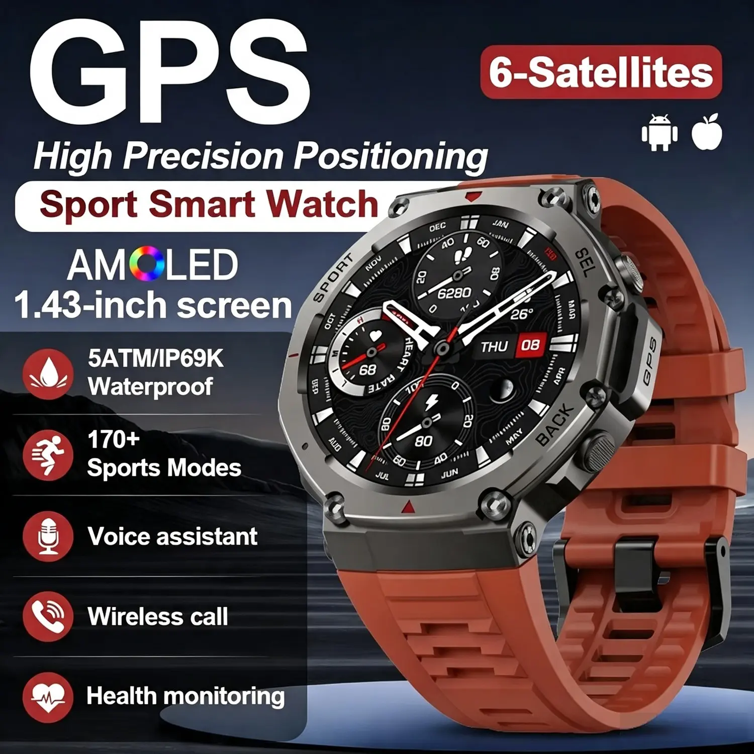 GPS Smart Watch 5ATM Waterproof  AMOLED Display Dual-band Compass Barometric Altimeter Bluetooth Call Smartwatch Men