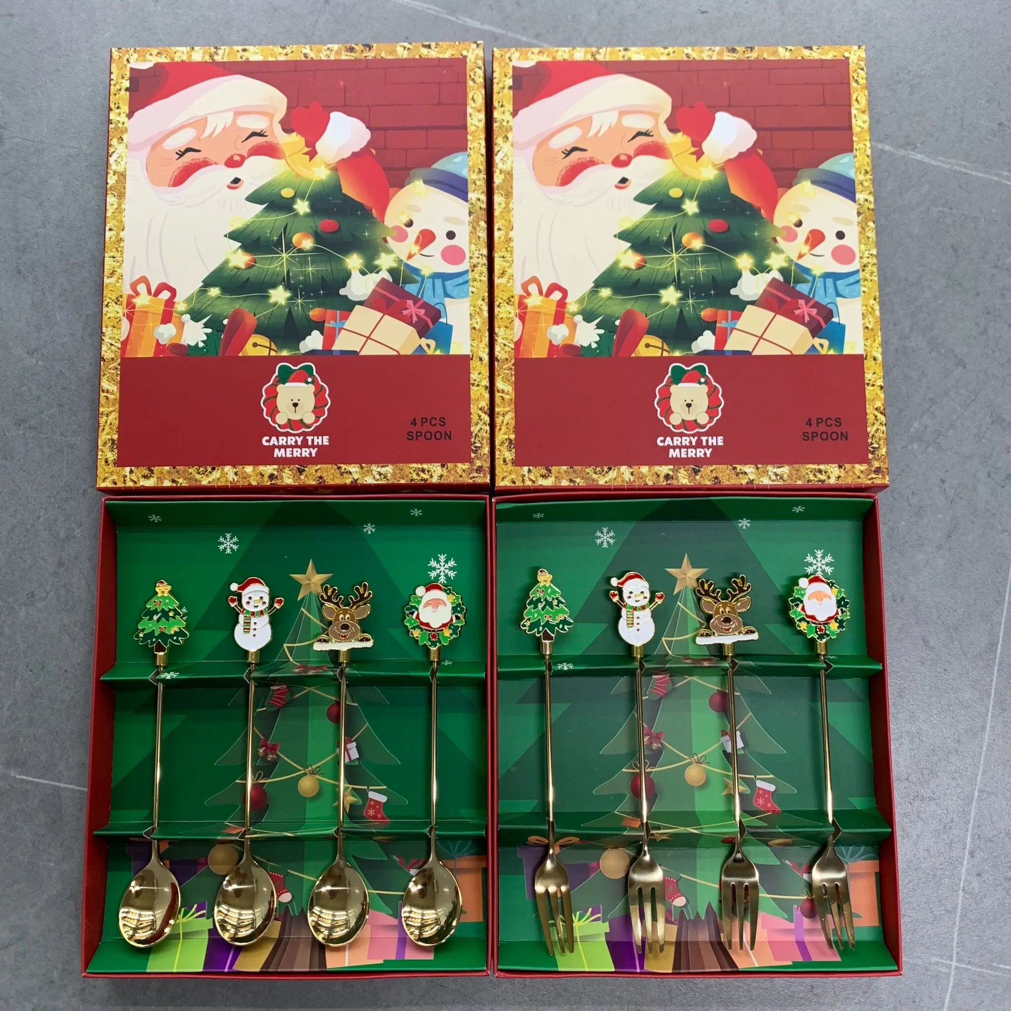 Christmas Themed Tableware Set, Festive Atmosphere, Cartoon 3D Decor, Elegant, 4-Piece Gift Box, Perfect for Christmas Gifts, Coffee Stirring, Desserts, Fruits