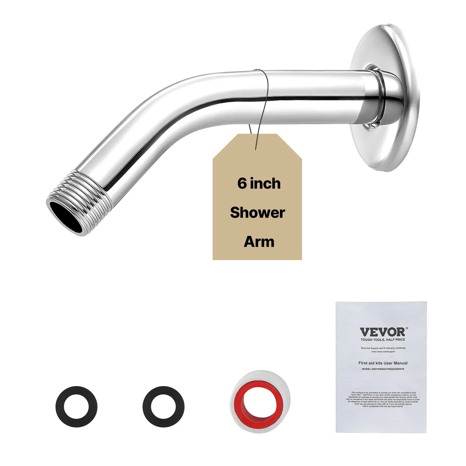 VEVOR Shower Arm with Flange, 6 Inches, Wall Mounted Stainless Steel Shower Head Arm Extender, Chrome Finish, PTFE Tape, G1/2 Universal Thread Connector Compatible, for Fixed Handheld Showerhead