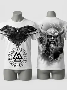 Vintage Norse Mythology Odin Shirt, Huginn Muninn Ravens Print, Viking God Design, Men's Crew Neck Casual Top, Long Sleeve, Loose Fit