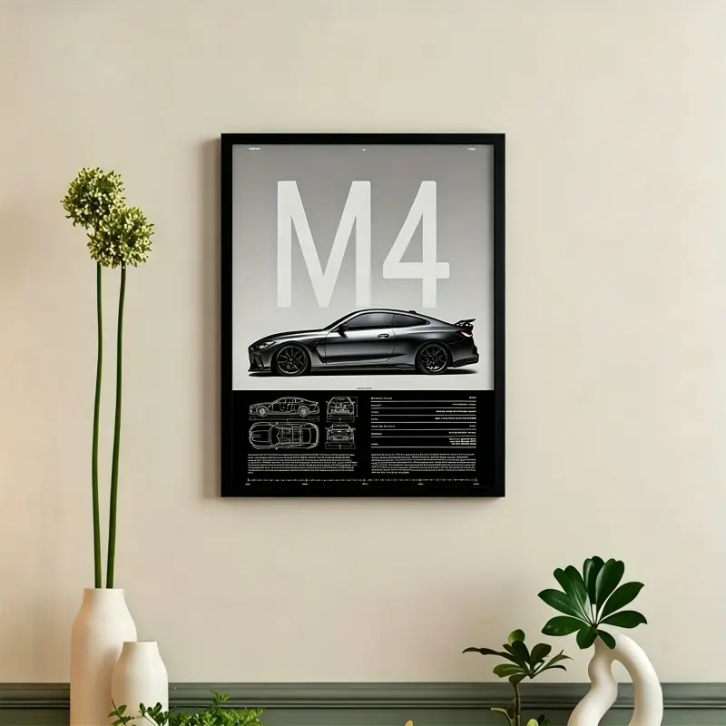 Modern M4 Supercar Blueprint Canvas Wall Art - Minimalist Black Vehicle Technical Diagram Graphic Prints, Garage Home Decor, Automotive Enthusiast Gift