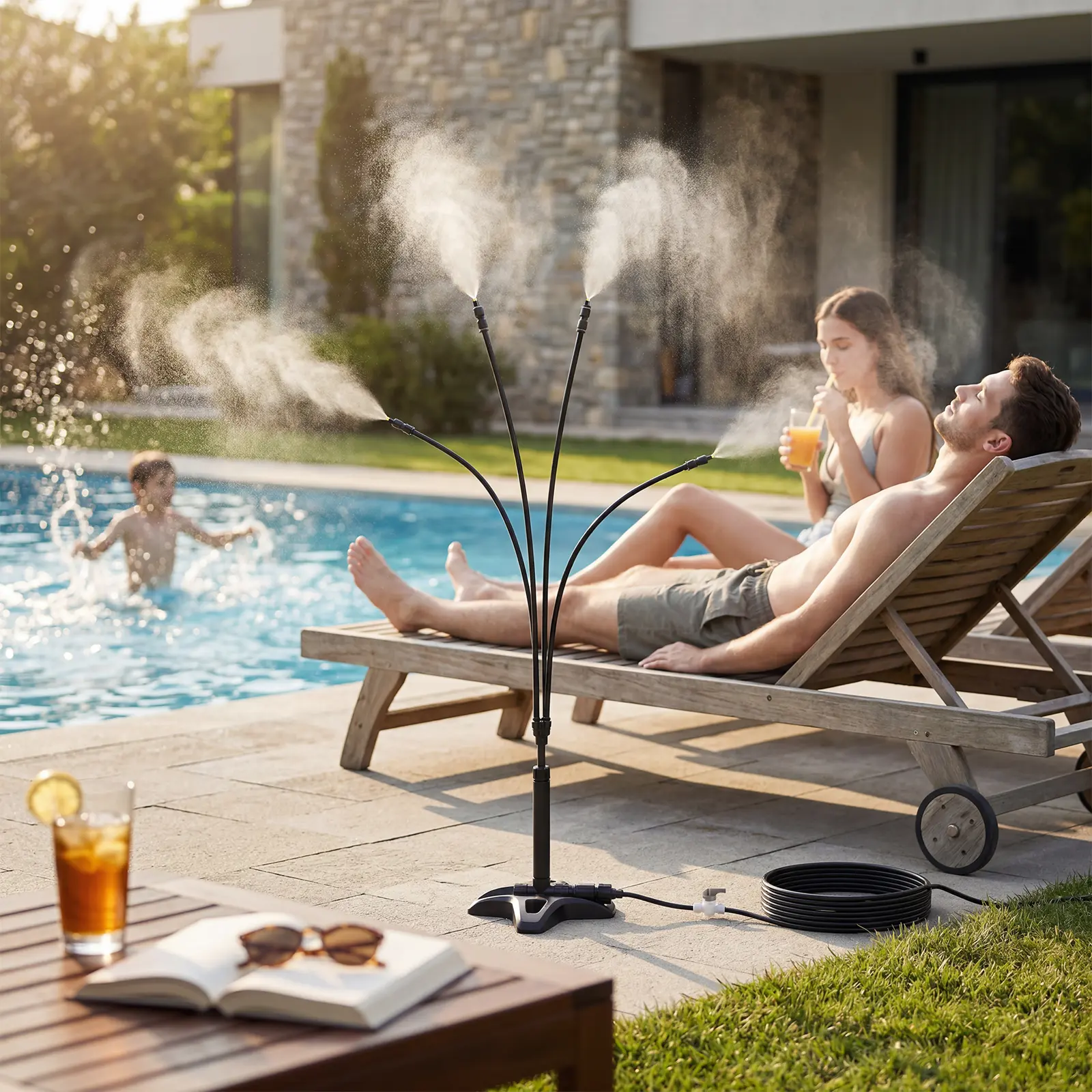 Patio Standing Misting Cooling System, 4 Adjustable Mist Nozzles & 29 Feet Hose with Built-in Control Switch, Connectable Outdoor Mister for Backyard BBQ Pool Side