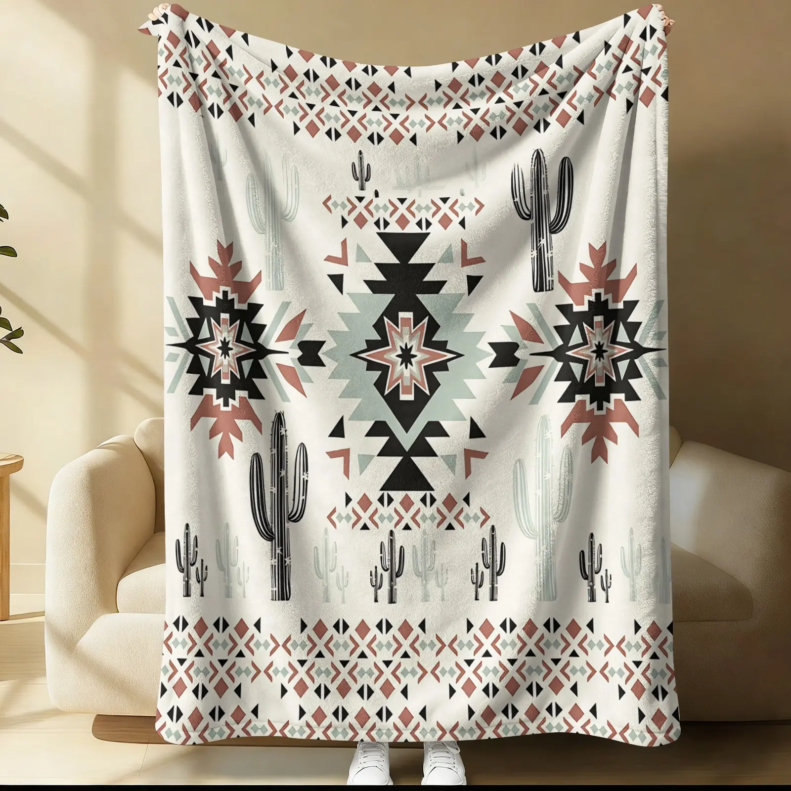 Southwestern Aztec Cactus Flannel Throw Blanket, Soft Warm Blanket with Geometric Print, Cozy Gift Blanket for Boho Western Home Decor, Ideal for Bed, Sofa, Couch & All Season Use
