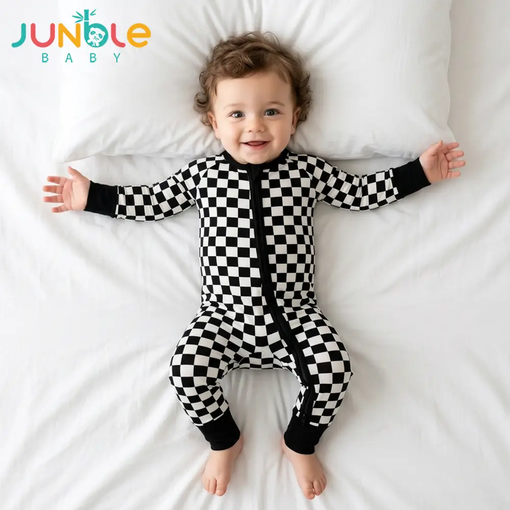 Junblebaby Baby Bamboo Romper Long Sleeve 2-Way Zipper  Foldable Foot Covers Sleeper Baby Boy Clothes Black Brown Checkered Print Baby Onesie For Boy 6-24Months Outwear