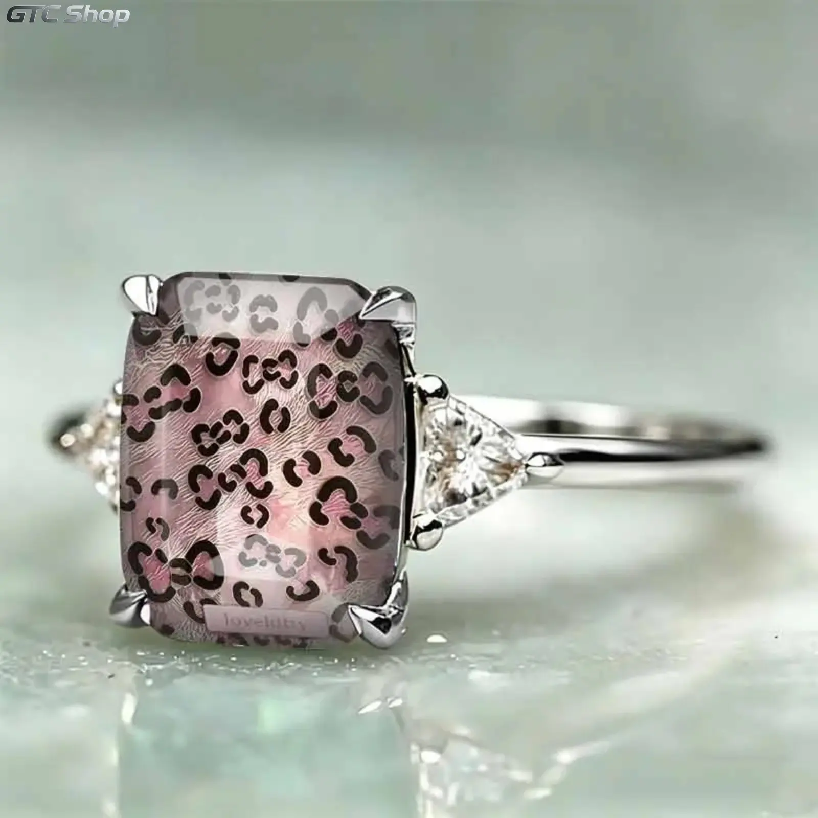 Vintage Pink Leopard Print Rectangle Stone Ring, Artistic Fresh Daily Matching Fashion Jewelry, Sparkly Side Accent Adjustable Statement Accessory For Women Party Dating Outfits