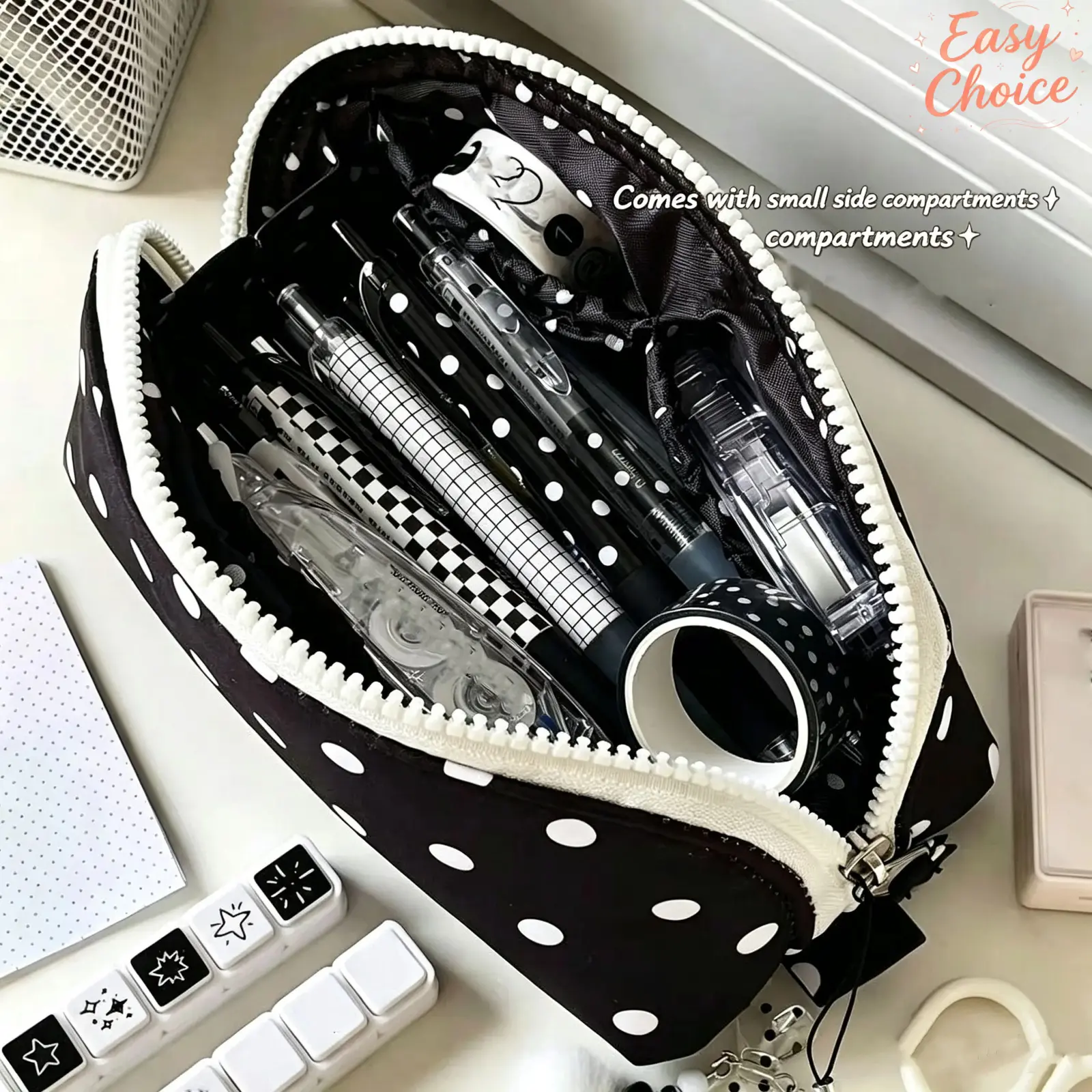 Polka Dot Pen Bag, Simple High Aesthetic Large Capacity Multi-Layer Stationery Organizer, Pencil Case, Makeup Storage Bag, Desk Supplies