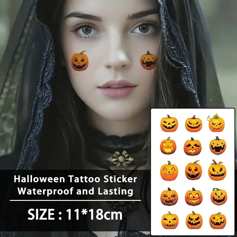Halloween Cartoon Pumpkin Funny Expression Temporary Tattoo Stickers, Waterproof, Reusable, for Face, Arms, Legs, Chest, Back