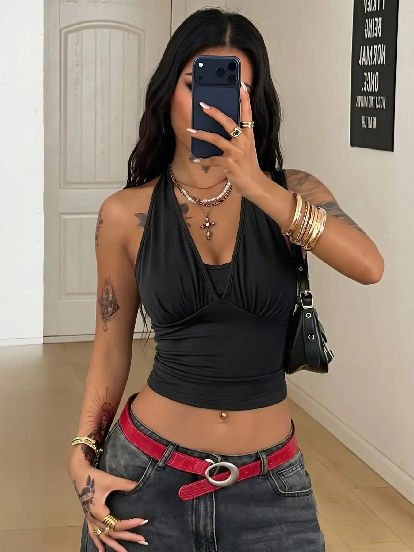 Women's Double Layer Ruched Deep V Halter Slim Crop Cami Top, Adjustable, Dark Grunge Y2K Urban Streetwear Top, Smooth High Stretch Skin-Friendly Jersey Fabric, Self-Tie Halter Neck Plunge Double Layer V Bust Design, Side Ruched Tummy Control Croppe
