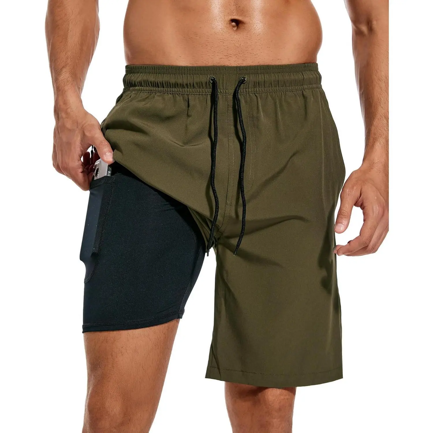 Men's Quick-Dry Board Shorts, 9-in Inseam Bathing Trunks with Compression Liner, Waterproof Zippered Pockets