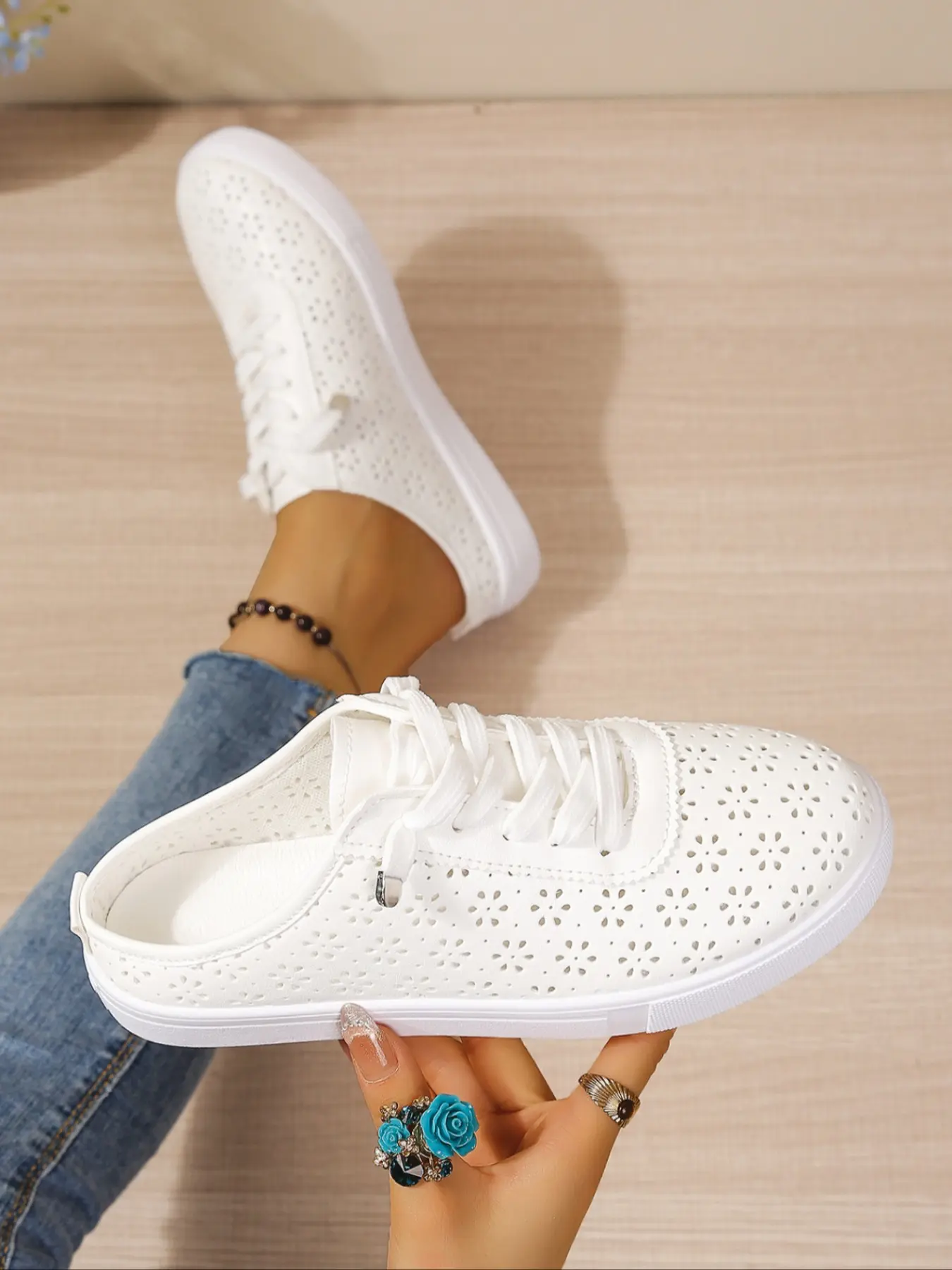 Women's Hollow Eyelet Backless Mule Sneakers, Lace Up Breathable Flat Casual Shoes, Lightweight Slip-On Outdoor Walking Summer Footwear