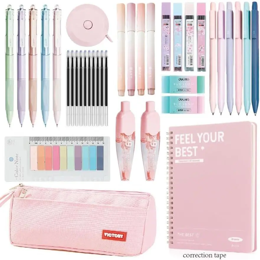 39 count Macaron color School Supplies set,5 ballpoint pens,notebooks, pencil cse, sticky notes ,6mechanical pencil,2Correction Tapes,4fluorescent pens