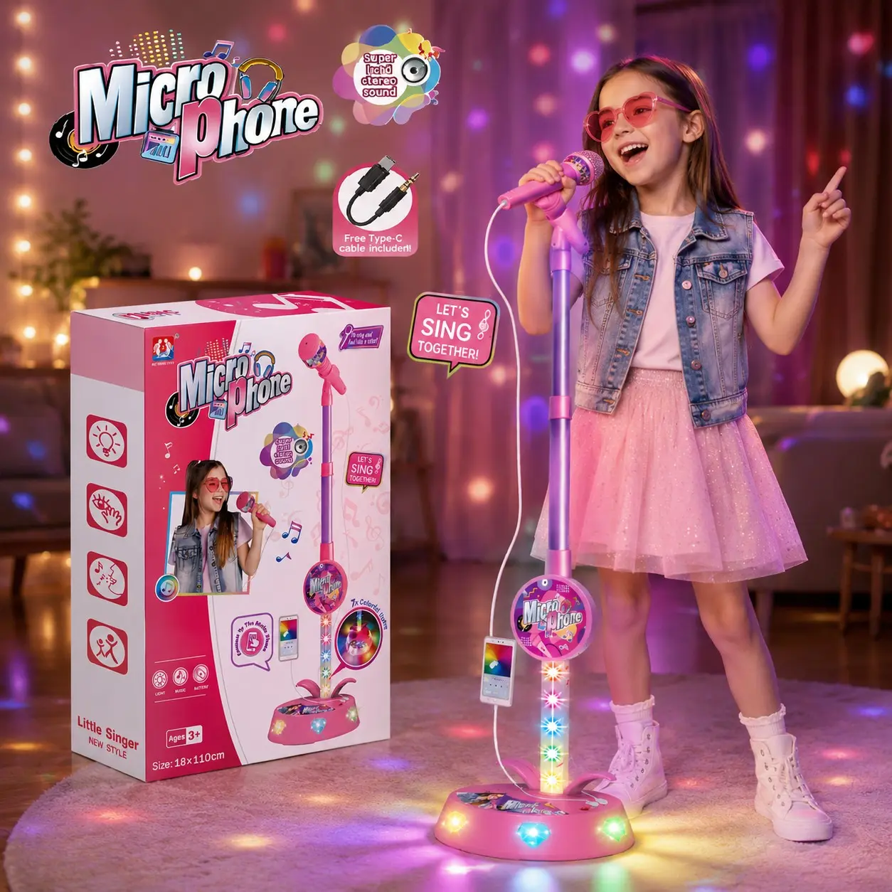 Standing Toddler Karaoke Machine, Flashing Stage Lights, Adjustable Stand Height, Sing and Play Songs, Gift for Kids Aged 3+