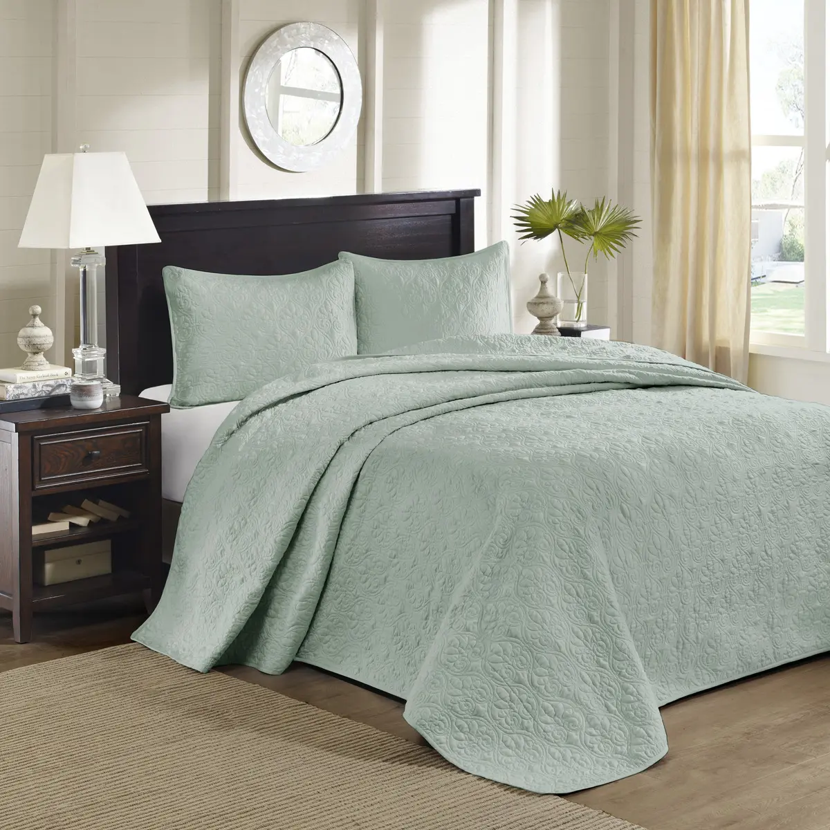 Nokaa Reversible Bedspread Set Queen Size Seafoam Cotton Quilted Bedding with Patterned Stitching, 3-Piece Set for Master Bedroom Guest Room Hotel Decor