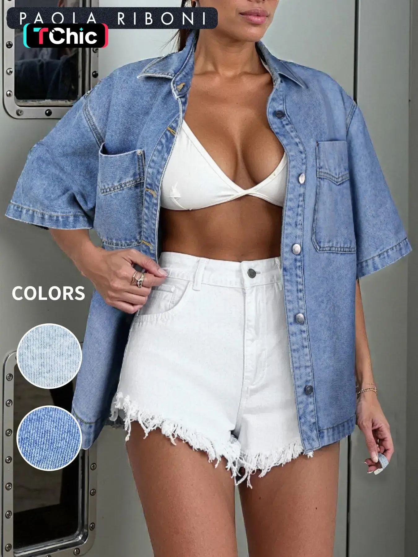 Women's Denim Shirt Jacket Short Sleeve Baggy Version, Stylish Casual Outerwear, Perfect for Daily Wear, Comfortable and Trendy Design, Coats