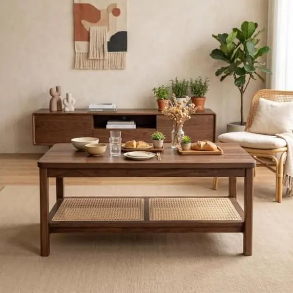 2-Tier Coffee Table for Living Room, Rectangular Center Table with Rattan Storage Shelf for Small Space, Easy Assembly