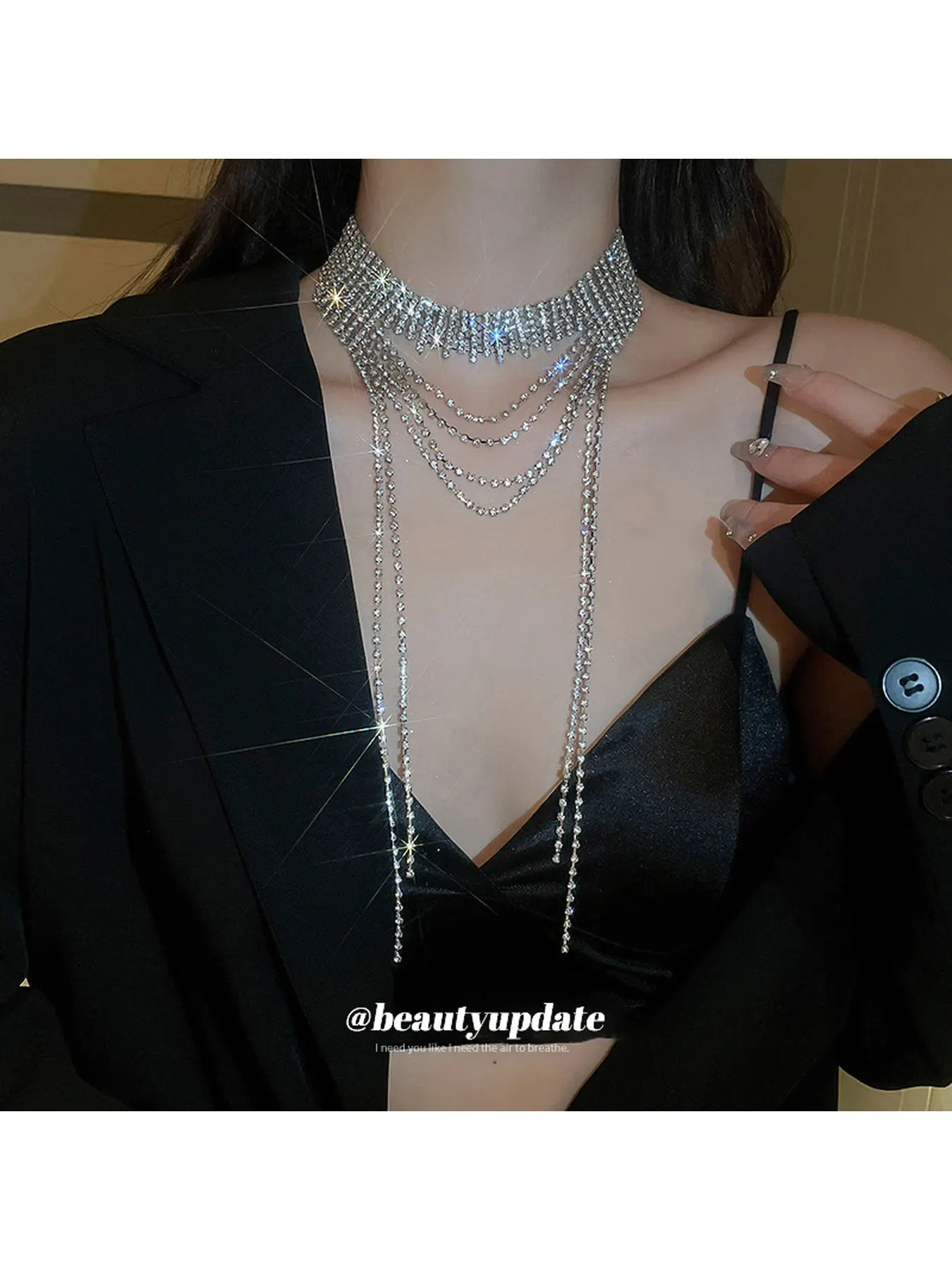 Women Silver Sparkly Full Rhinestone Layered Choker Necklace Long Fringe Tassel Drop Statement Jewelry Glamorous Shiny Necklace For Evening Party Prom Wedding Club Dress Gift