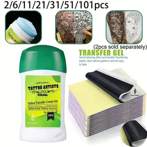 (Sold Separately) 70g Transfer Gel & Transfer Paper Complete Tattoo Art Kit, available in assorted packs: 2/6/11/21/31/51/101pcs, 2+50pcs, 2+100pcs tattoo stencil sets. Includes thermal transfer carbon paper, compatible with all regular tattoo supplies, l