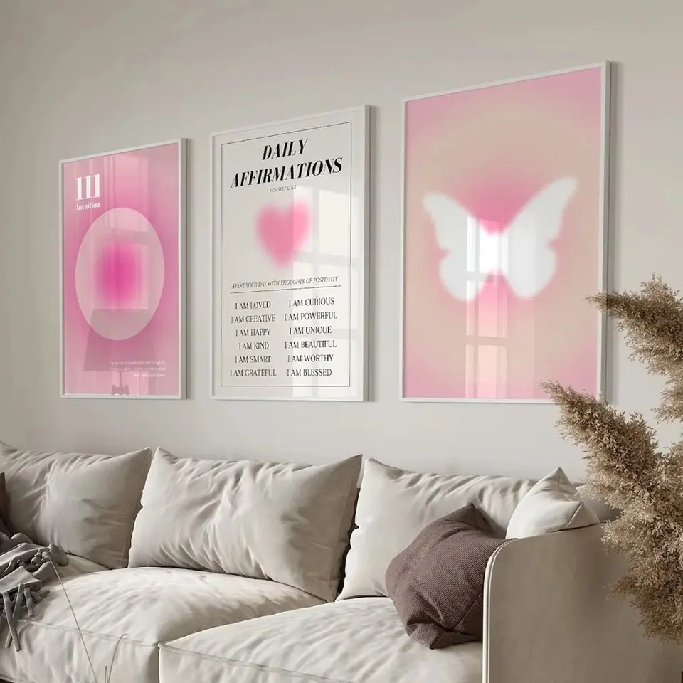3PCS-Abstract Aura Gradient Poster Daily Affirmation Spiritual Pink Wall Art Decoration Butterfly Canvas Painting Picture Aesthetics Room Decor  frameless