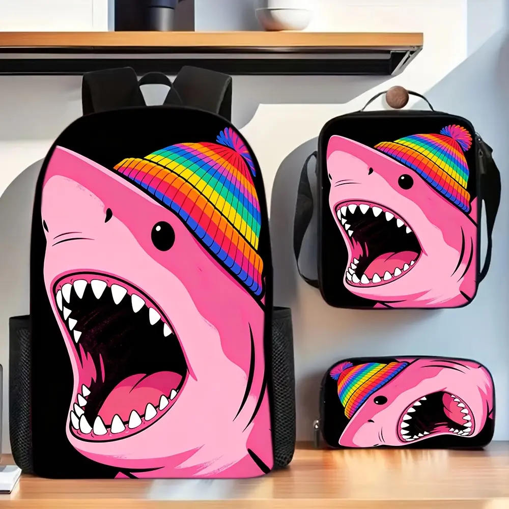 Durable Water Resistant 3-Piece Backpack Set for Kids, Lightweight School Bag with Lunch Box, Pure Black Background Cute Pink Shark Rainbow Knit Beanie Cartoon Print, Includes Large Rucksack, Thermal Lunch Tote & Stationery Pouch
