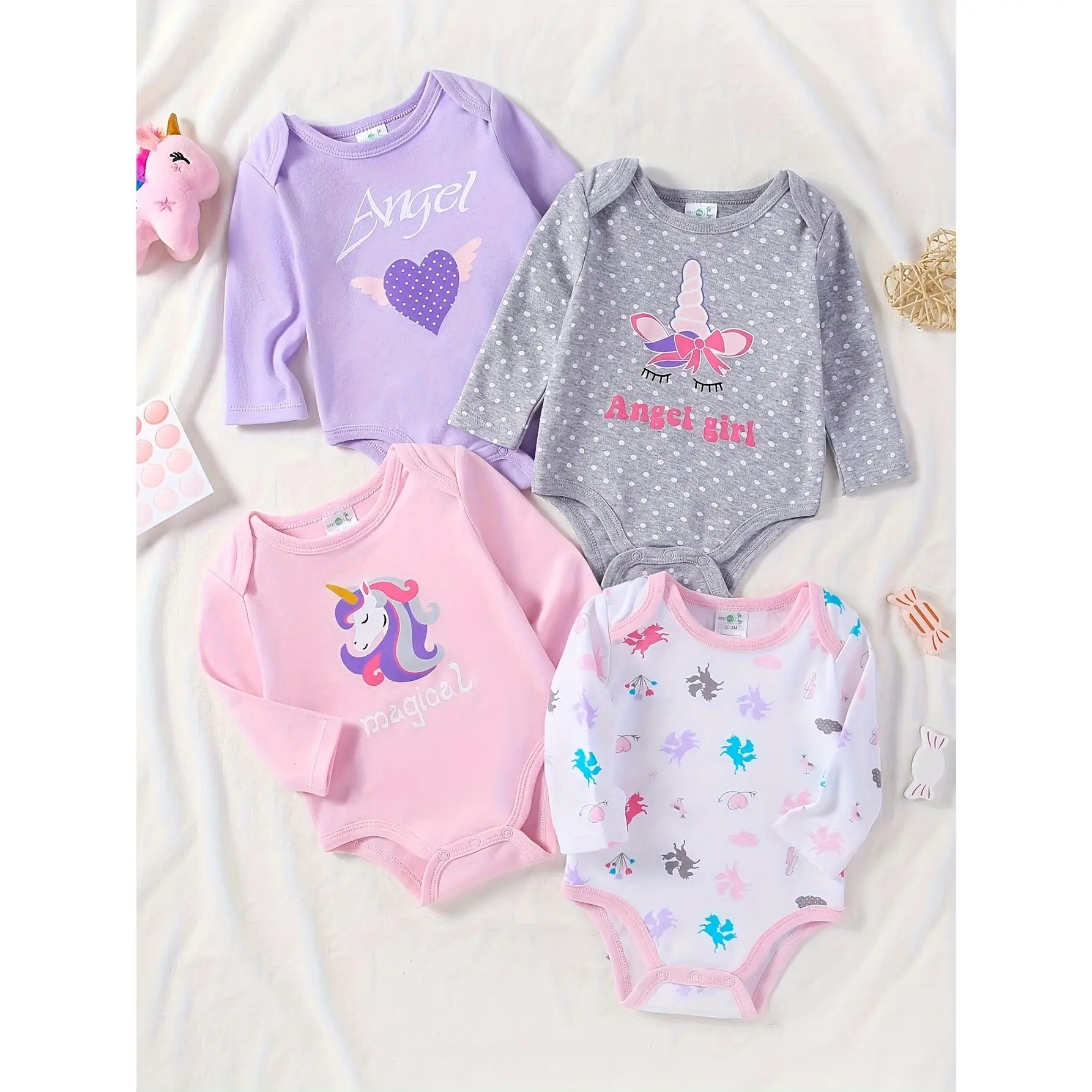 Girls' 4-Pack Pure Cotton Long-Sleeve Jumpsuit Set, Baby & Toddler Cartoon Print Bodysuits with Unicorn & Angel Designs