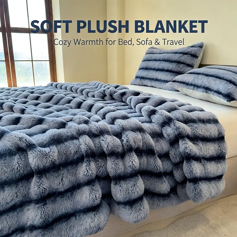 Trendy Ombre Shaded Stripe Faux Rabbit Fur Throw, Ultra Gentle Warm Fluffy Material, All-Season Decor Blanket for Family Daily Use, Dorm & Guest Room Styling, Cozy Warm Blanket