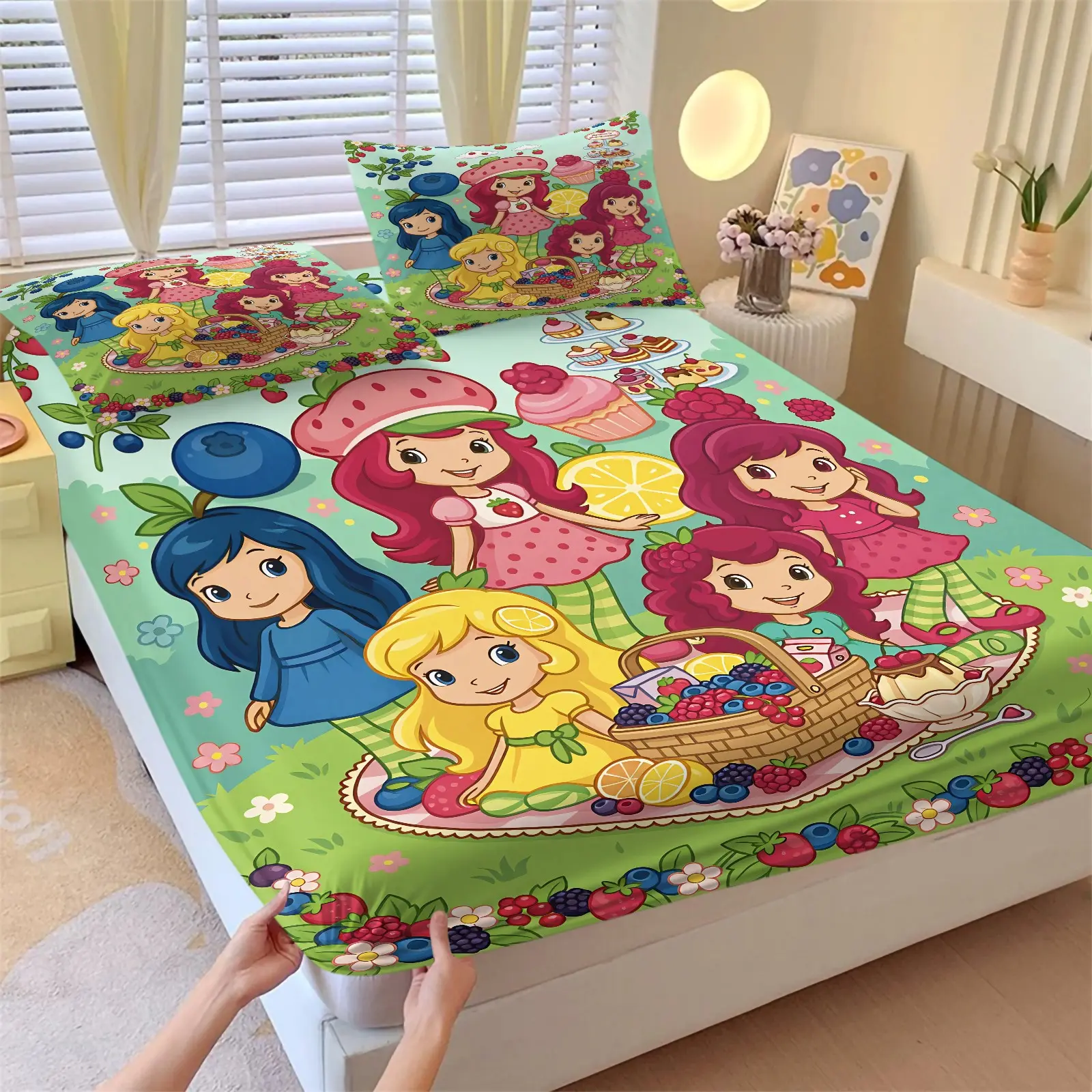 3 Piece Strawberry Shortcake Cartoon Fitted Sheet Set, 1 Fitted Sheet + 2 Pillowcases, Soft Microfiber Deep Pocket Design All Season, Kawaii Girly Bedroom Decoration, Gift for Retro Cartoon Fans