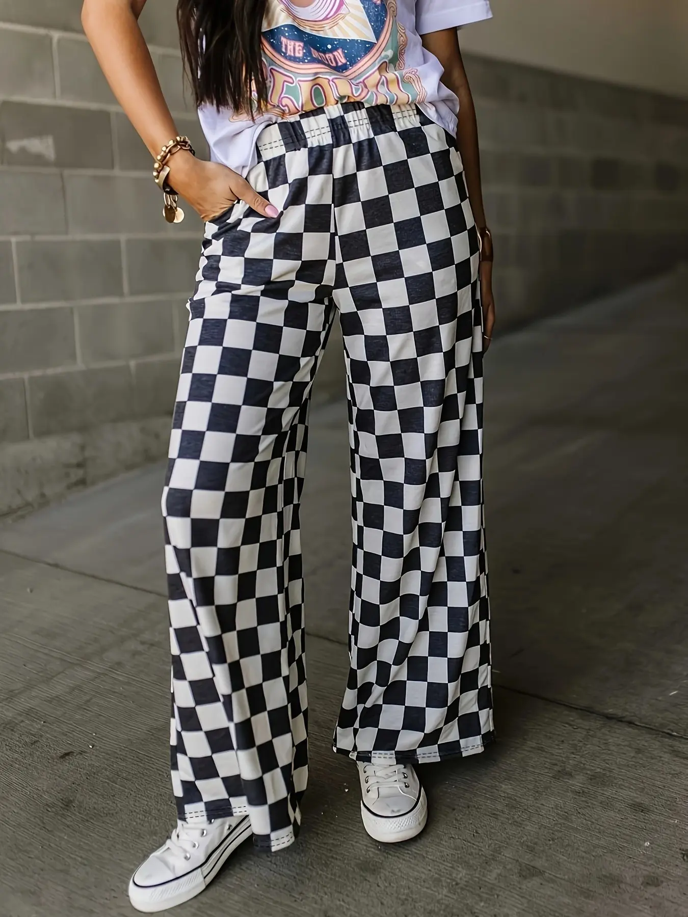 Women's Casual Straight Leg Plaid Print Wide Leg Elastic Pants, Comfortable Long Trousers for Daily Wear, Stylish and Trendy Bottoms