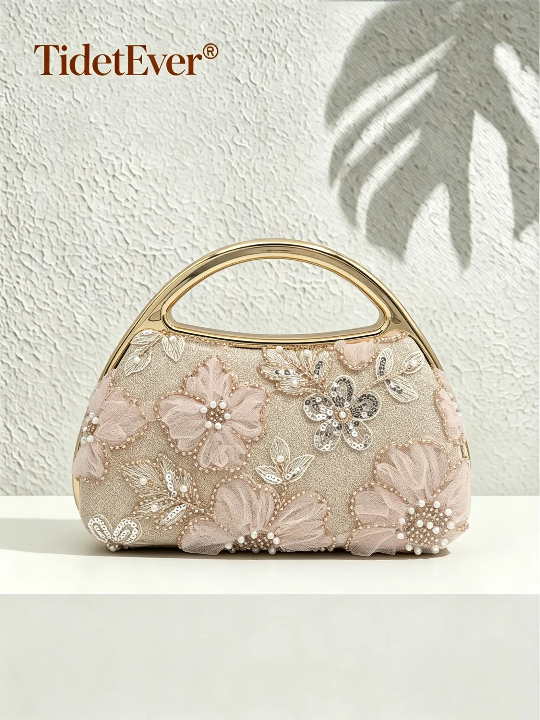 Floral Beaded Sequin Elegant Clutch Bag for Women, 3D Mesh Flower Pearl Evening Handbag, Top Handle, Formal Wedding Bride Purse