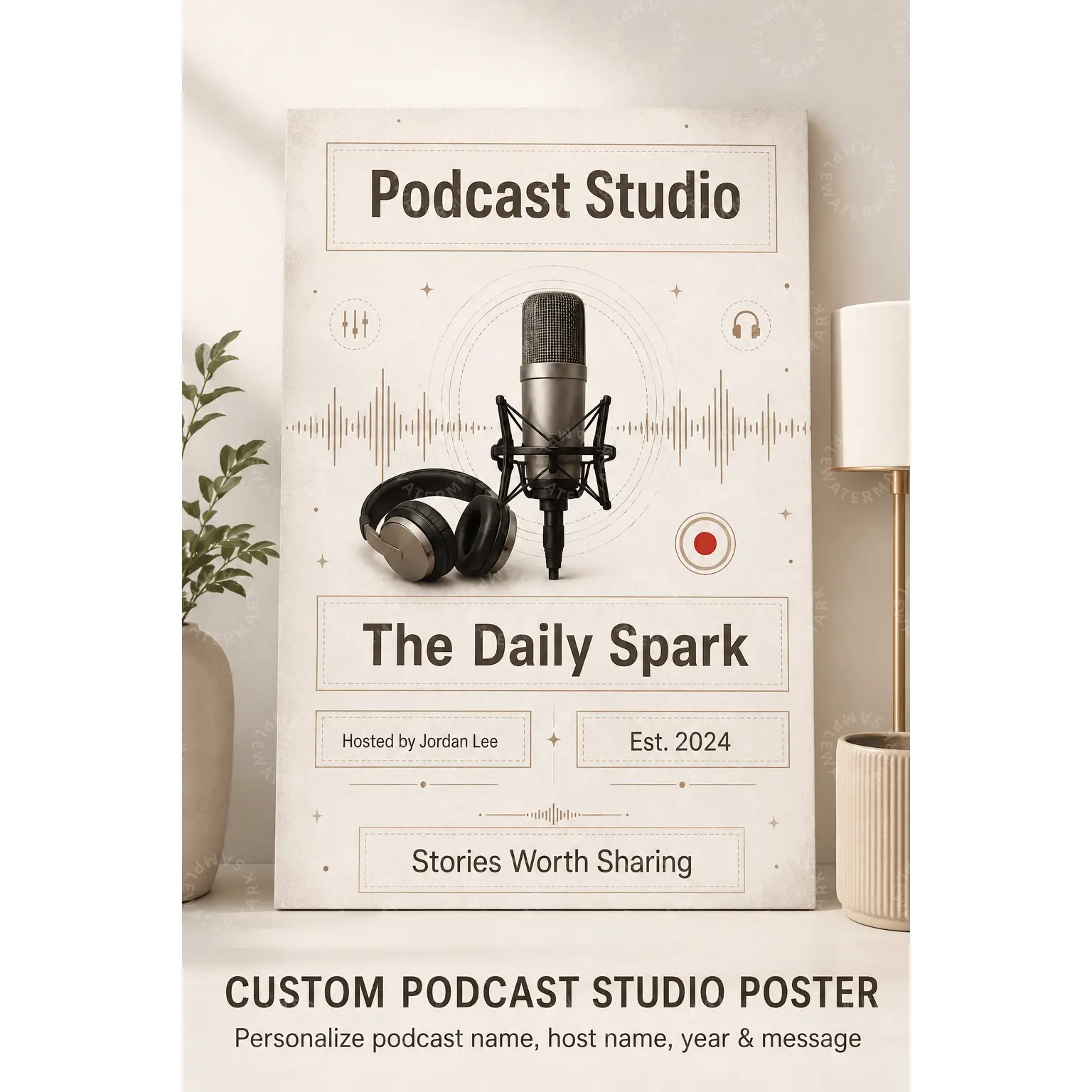 Custom Podcast Studio Print, Personalized Minimalist Beige Microphone-Headphone Soundwave Artwork, Artistic Home Office Decoration, Content Creator Gift for Recording-Music Rooms