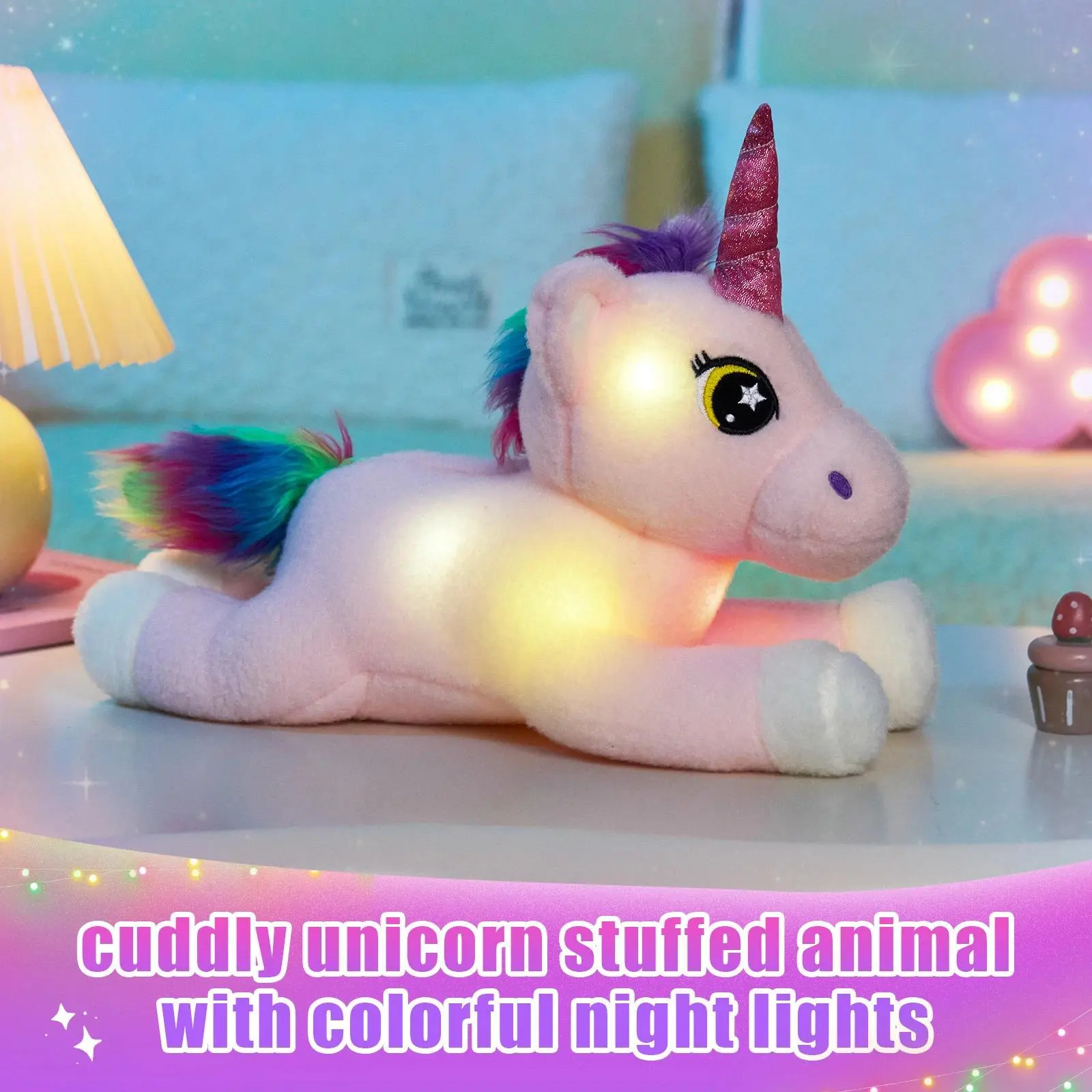 Glowing Unicorn Plush Toy - Unisex Kids' Stress Relief Doll, Collectors Edition, Birthday Party Gift & Home Ornament