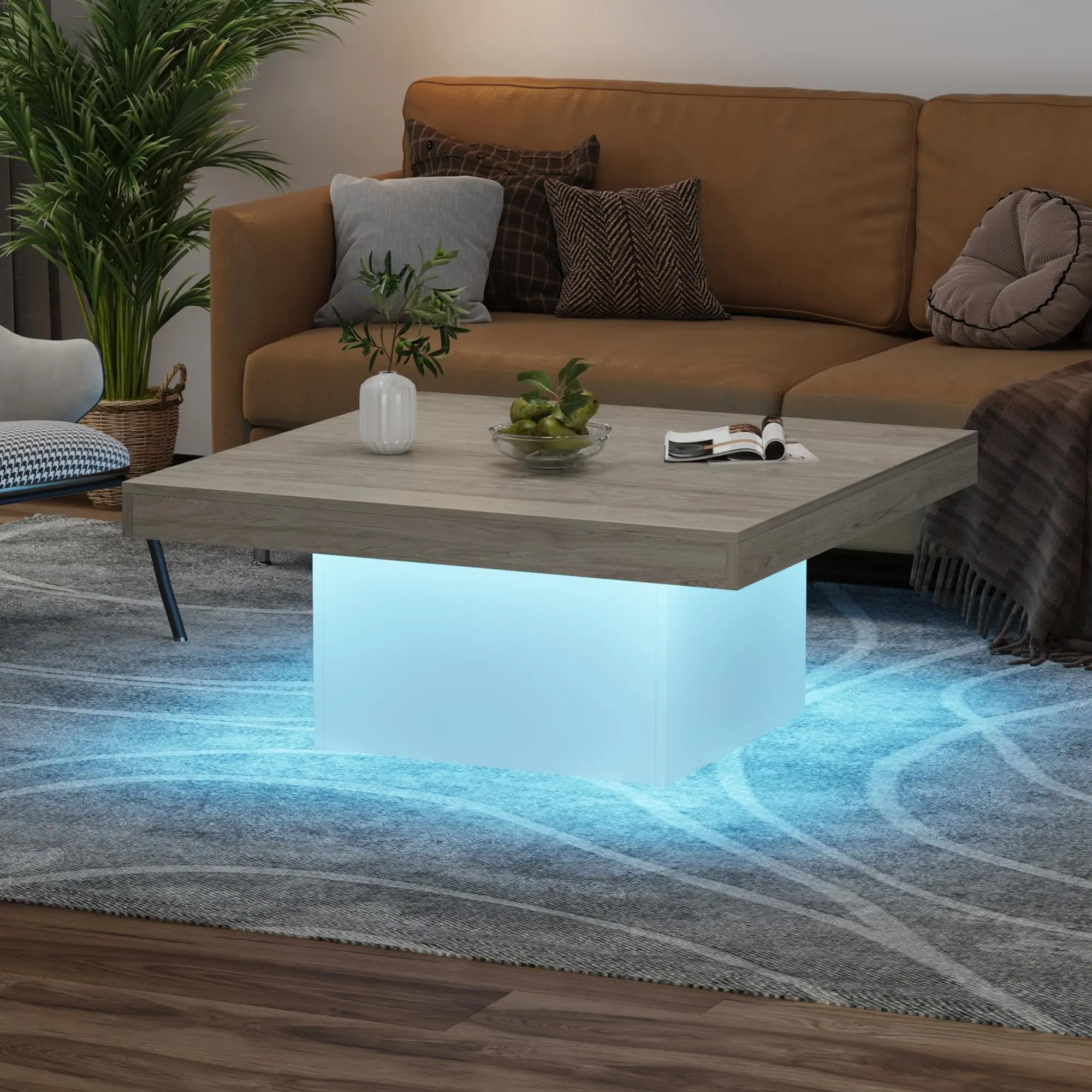 Garvee Square Coffee Table with 16-Color LED Lights, 35-inch Modern Living Room Cocktail Table with Plug-in Feature, Ideal for Home Office, Apartment, and Reading Room