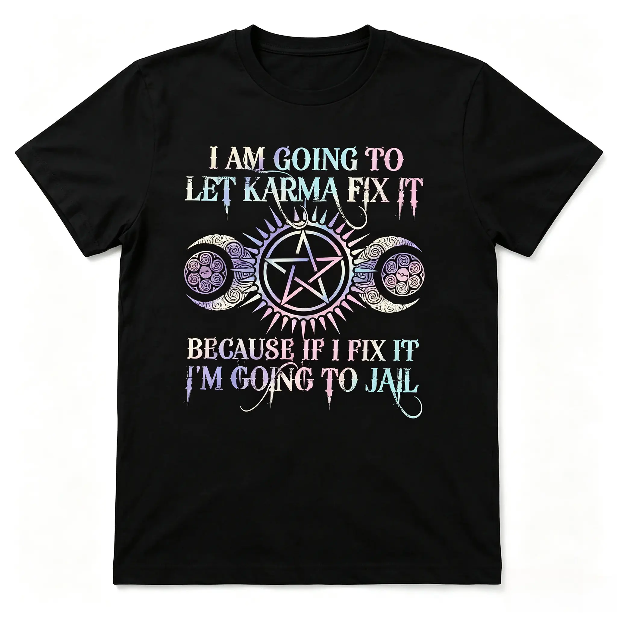 Women's Short Oversized Cotton T-Shirt - Triple Moon Pentagram Karma Graphic Top, Witchy Everyday Fashion, Valentine’s Day Gift for Witch Lovers, Soft, Organic Cotton