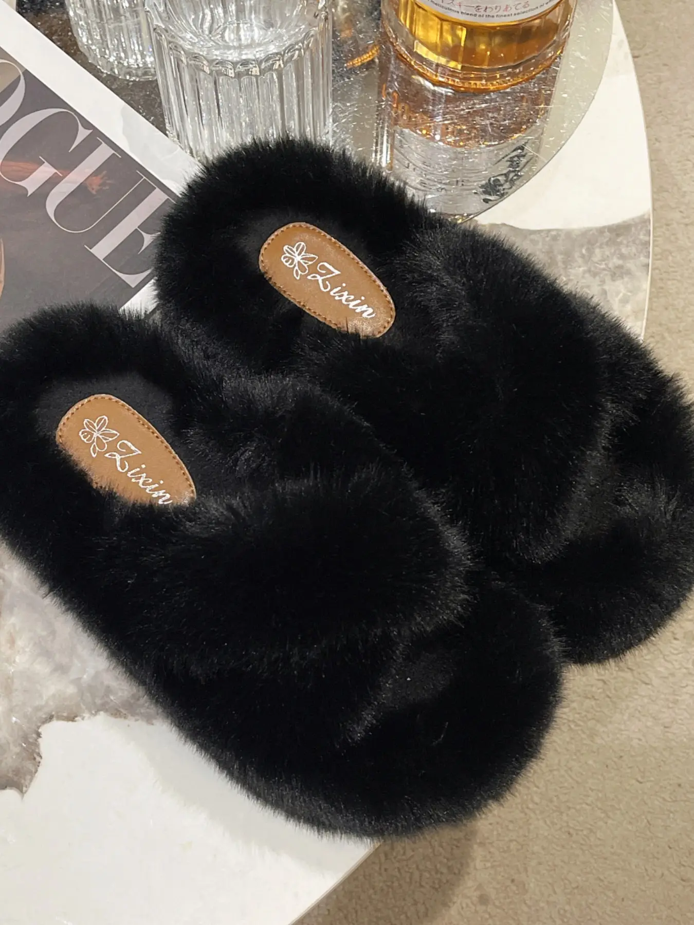 Women Fluffy Furry Platform Slide Sandals, Soft Faux Fur Open Toe Slippers, Thick Sole Elevator Plush Slides, Casual Indoor Outdoor Warm Cozy House Shoes, Home Slippers