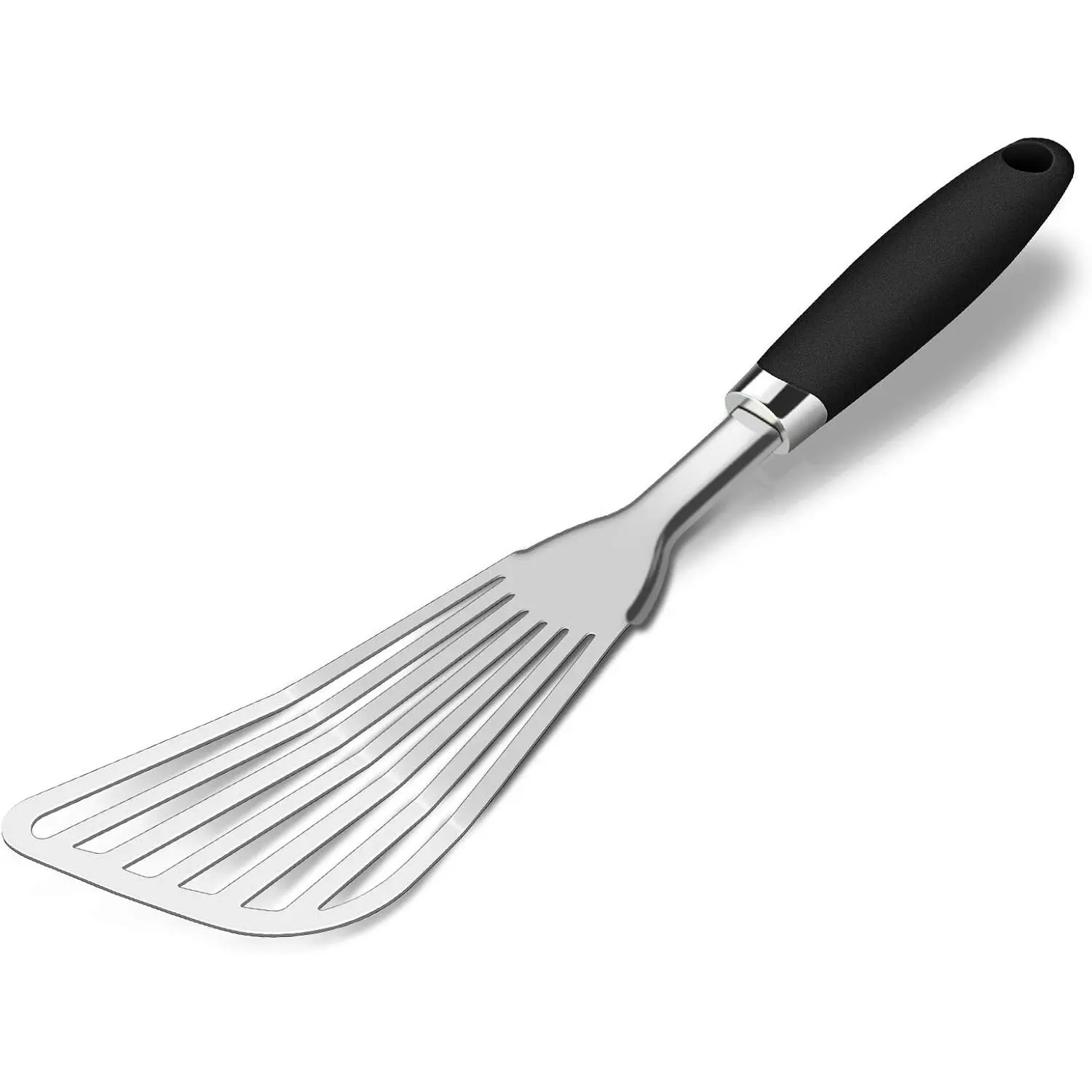 Stainless Steel Fish Spatula for Fishing, Kitchen Utensils with Thin Profile, Flexible Tip, Slotted Blade, Non-Slip Ergonomic Black Handle, Ideal for Eggs, Burgers, Cast Iron & Griddle