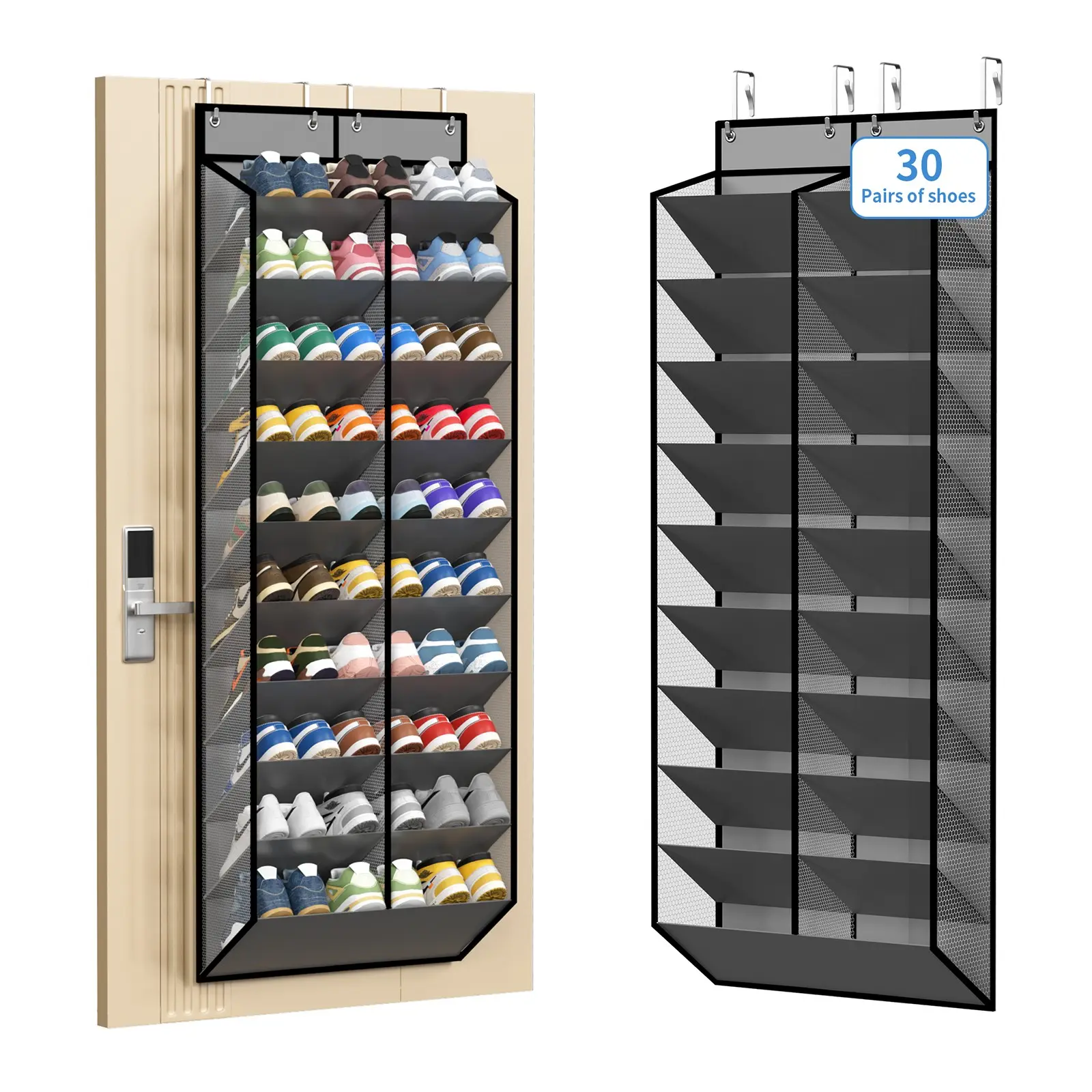 30-Pair Door-Side Shoe Rack, Breathable Mesh Hanging Shoe Cabinet, 10-Layer Back-Of-Door Shelf, Ideal for Closet Storage Organizer, Family Use, Closet Organiser