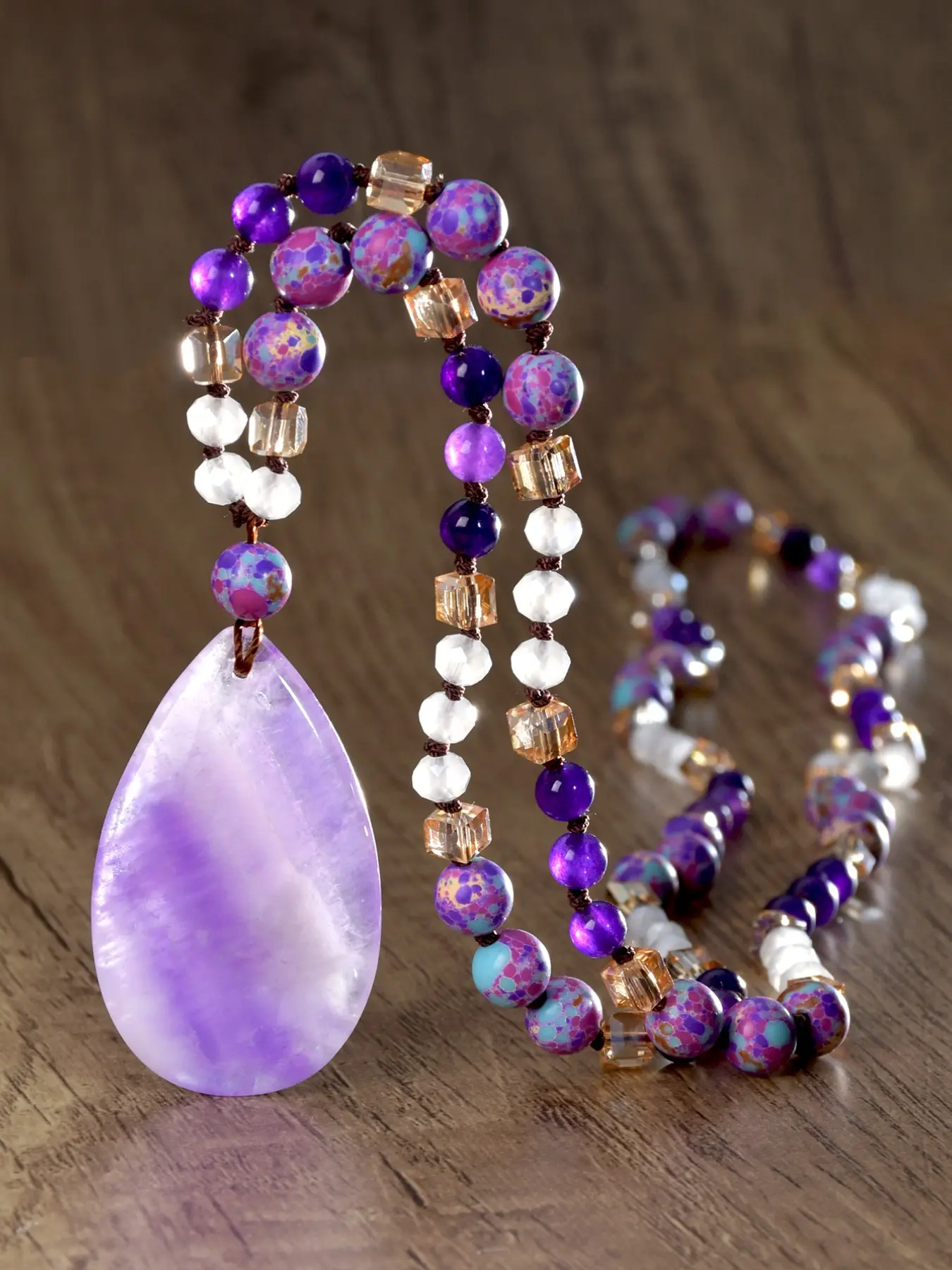 Boho Amethyst Teardrop Pendant Long Gemstone Necklace, Vintage Ethnic Style Natural Stone Sweater Chain, Handmade Jewelry Gift