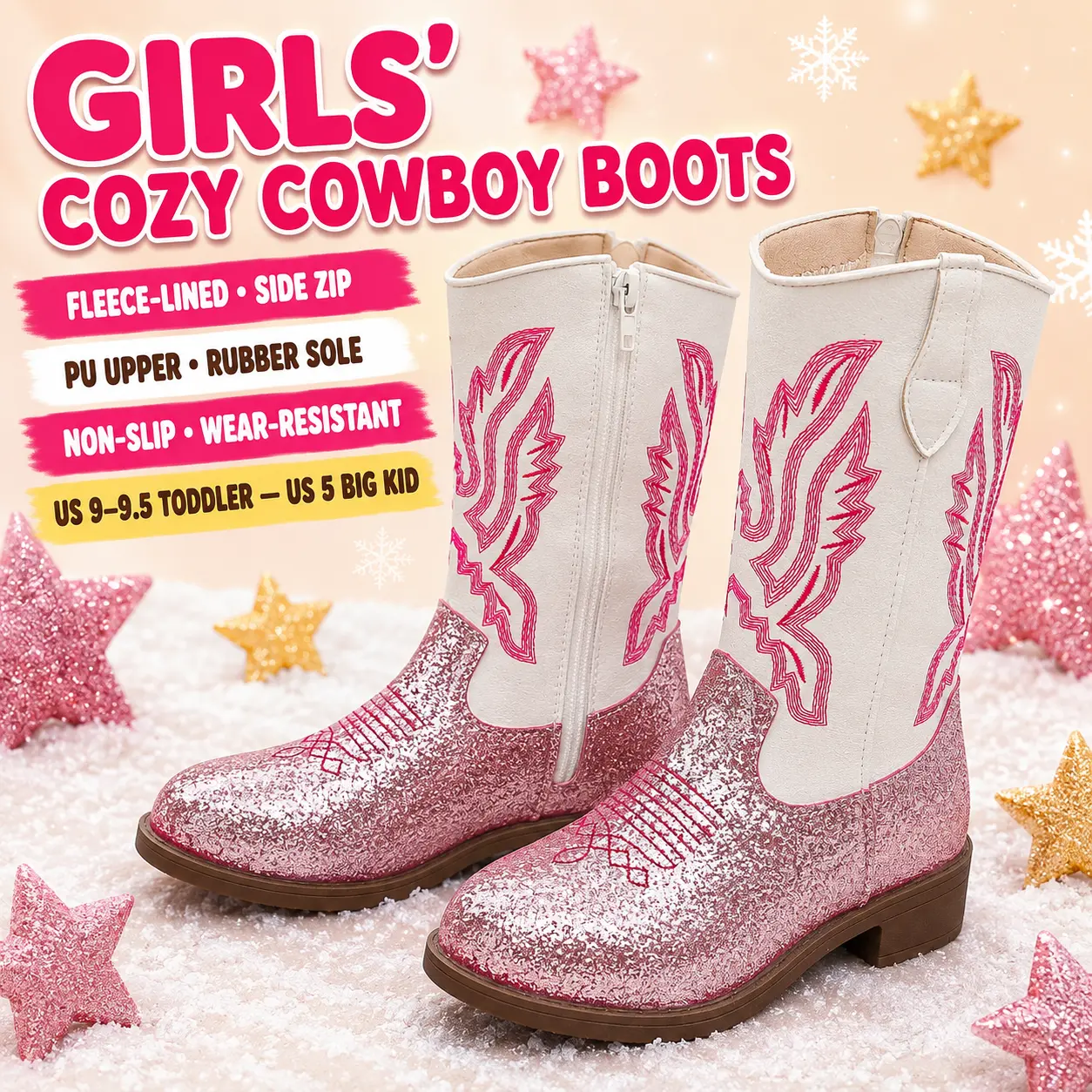 Girls Warm Faux Fur Lined Mid Calf Western Riding Boots with Side Zipper Durable Equestrian Sport Footwear for Kids