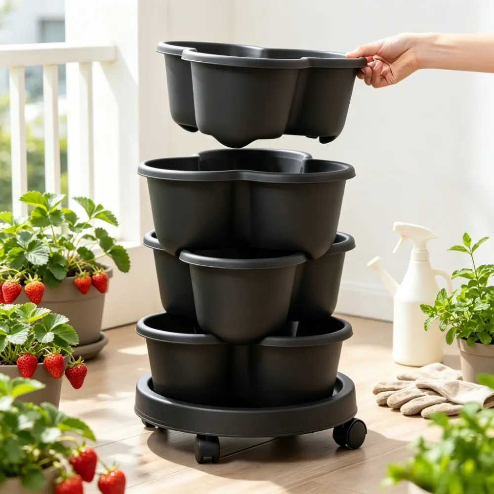 Portable Vertical Garden Planter, Wall-Mountable, Stackable, Ventilated Design, Set of Five Pots with Base Tray, Ideal for Strawberries and Vegetables