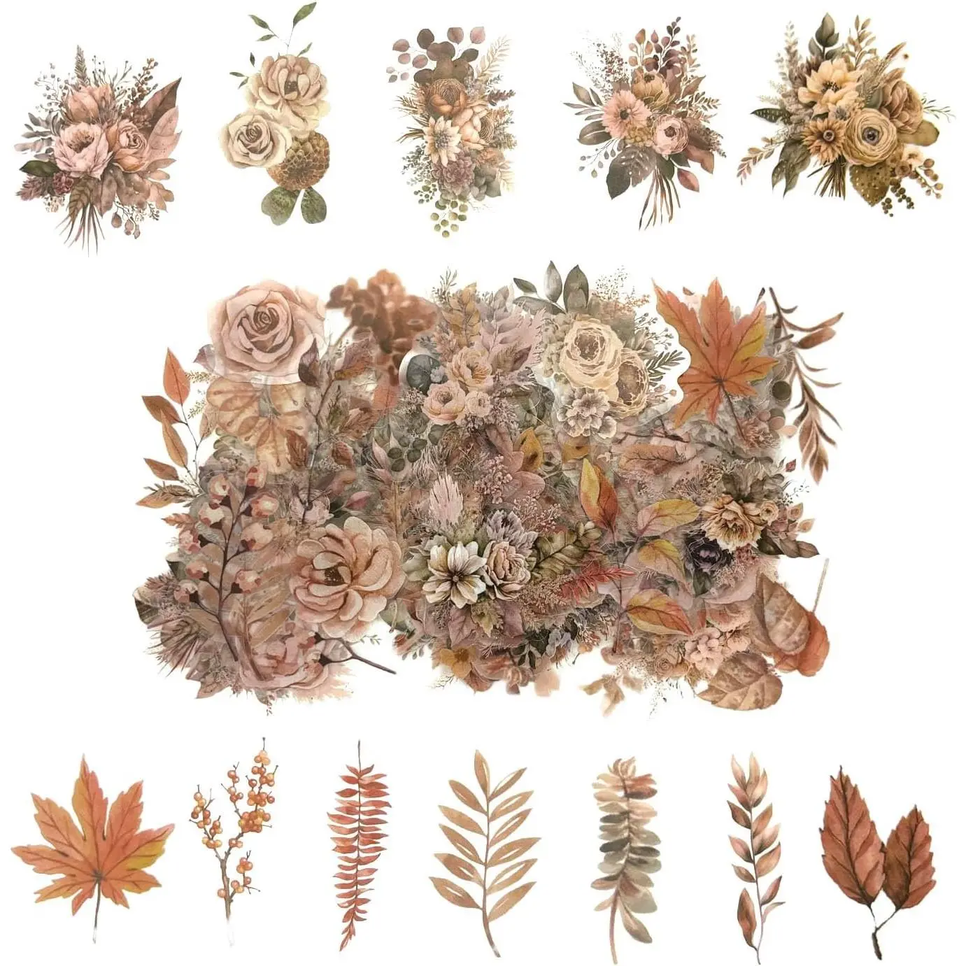 100 count Autumn Flower Stickers for Scrapbooking Junk Journal Card Making CollageNotebook Diary Planner Letter Envelope Water Bottle Phone Case Craft Decoration (Autumn)